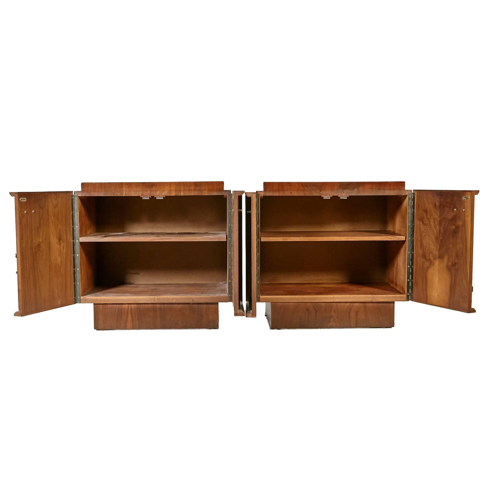 1960s pair of walnut wood Brutalist style nightstands with black metal pulls. Interior shelf for storage. Unmarked.