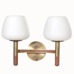 1960s Walnut and Brass Wall Sconces with Finnish Glass Shades, Set of Three