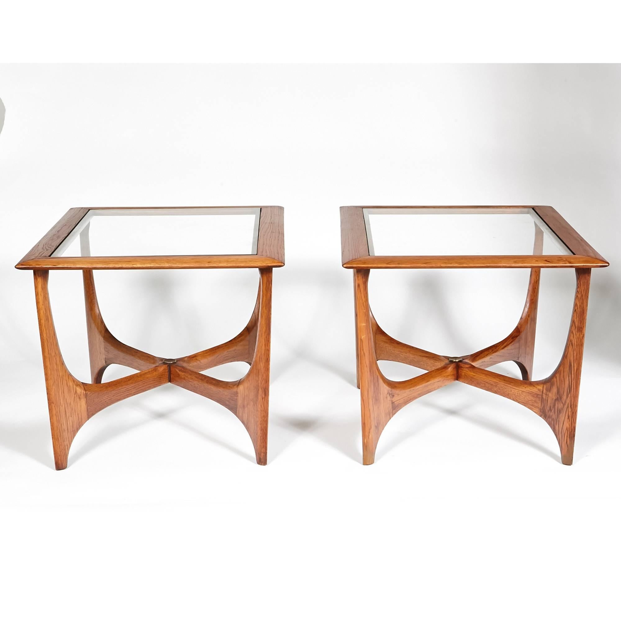 1960s Sculpted Walnut and Glass Top Lane Furniture Side Tables Pair In Excellent Condition In Amherst, NH