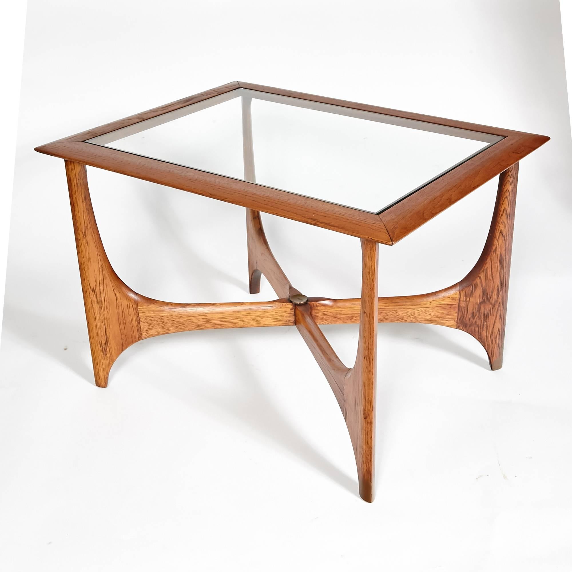 1960s Sculpted Walnut and Glass Top Lane Furniture Side Tables Pair 1