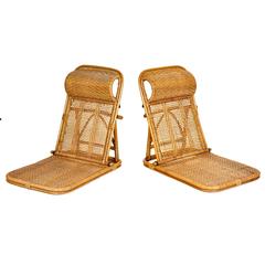 Vintage Rattan and Wicker Folding Beach Chairs, Pair
