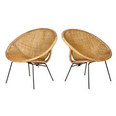 Pair of Rattan and Iron Base Scoop Chairs