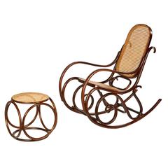 Retro Mid-20th Century Thonet-Style Rocking Chair and Ottoman