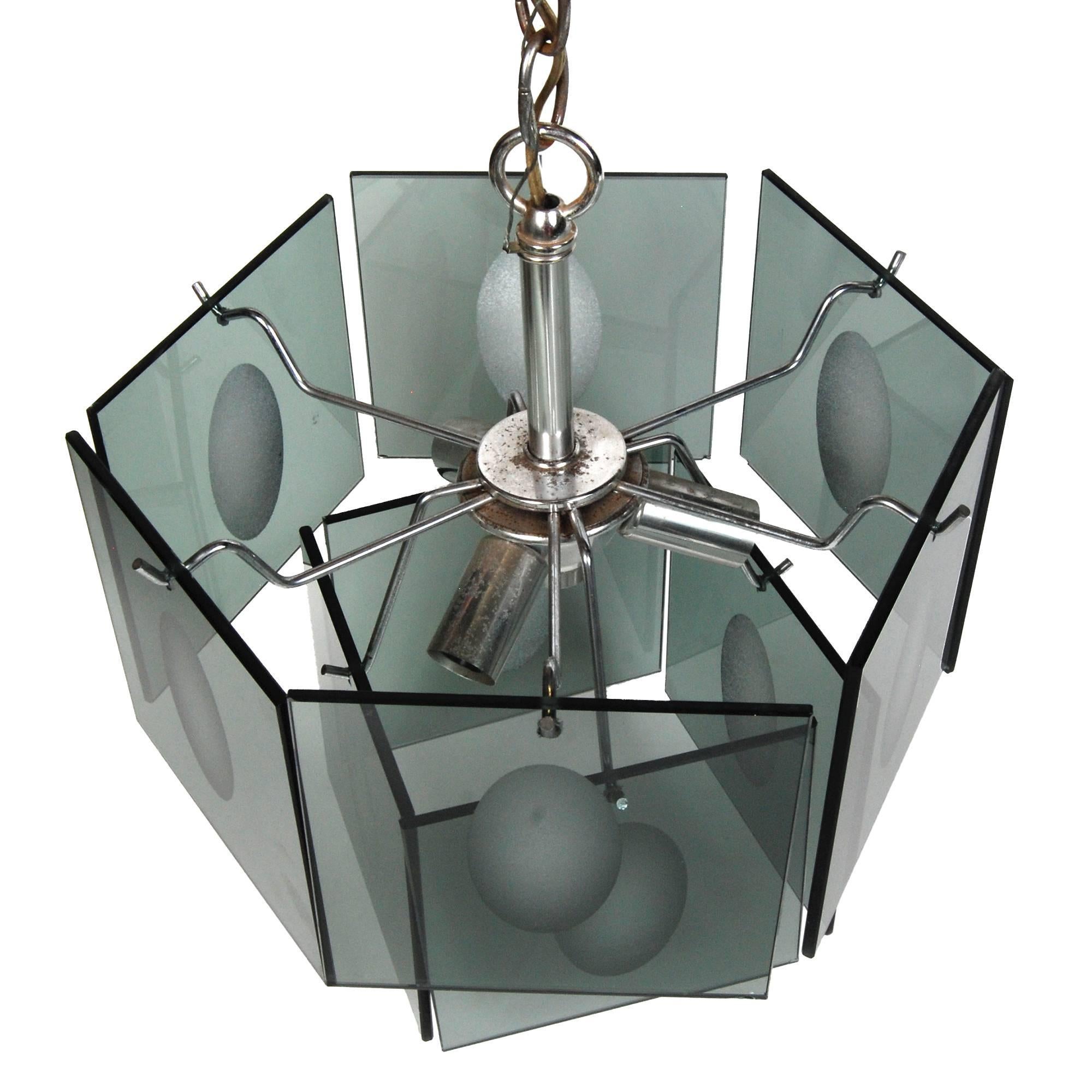 Mid-Century Modern Italian Smoked Glass Two-Tier Chandelier, 1960s For Sale