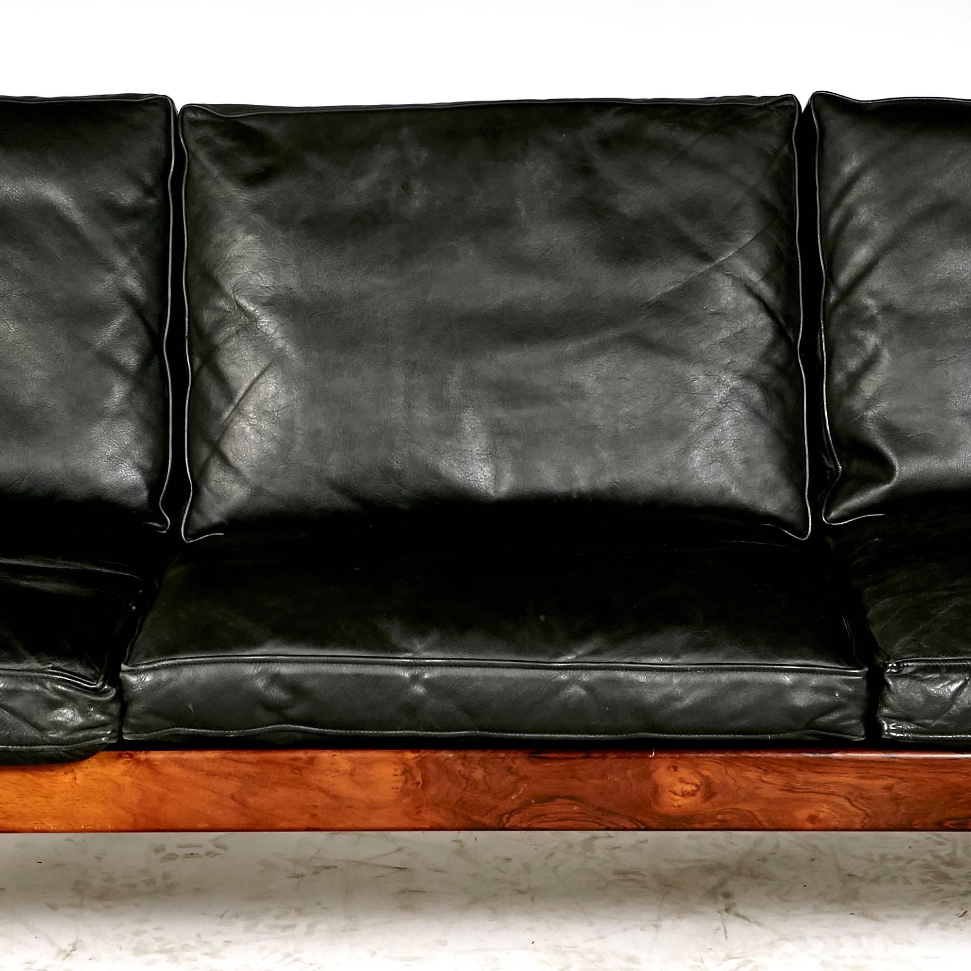 Vintage 1960s Hans J. Wegner for AP Stolen Denmark three-seat sofa AP62/3 in black leather and Brazilian rosewood. Beautiful rosewood design and details. Excellent condition. Unmarked.