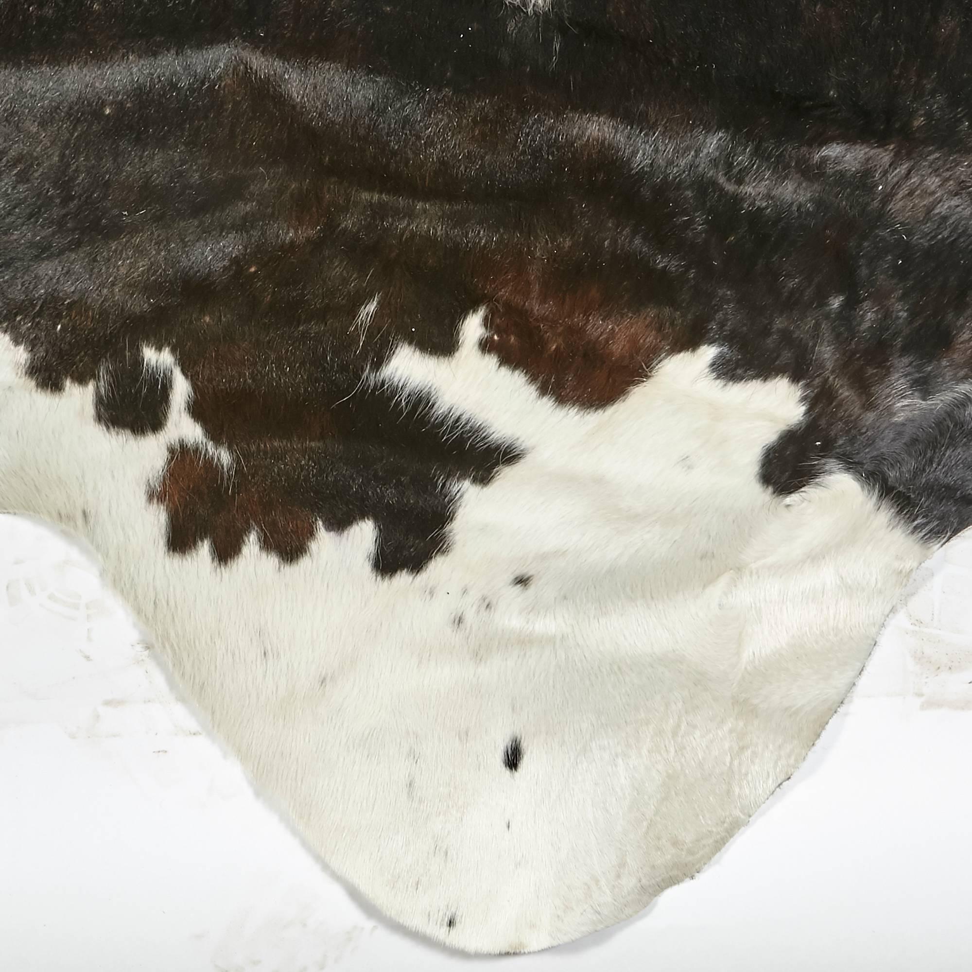Natural Argentinian black and white cowhide rug. The rug has a hint of brown mixed in.