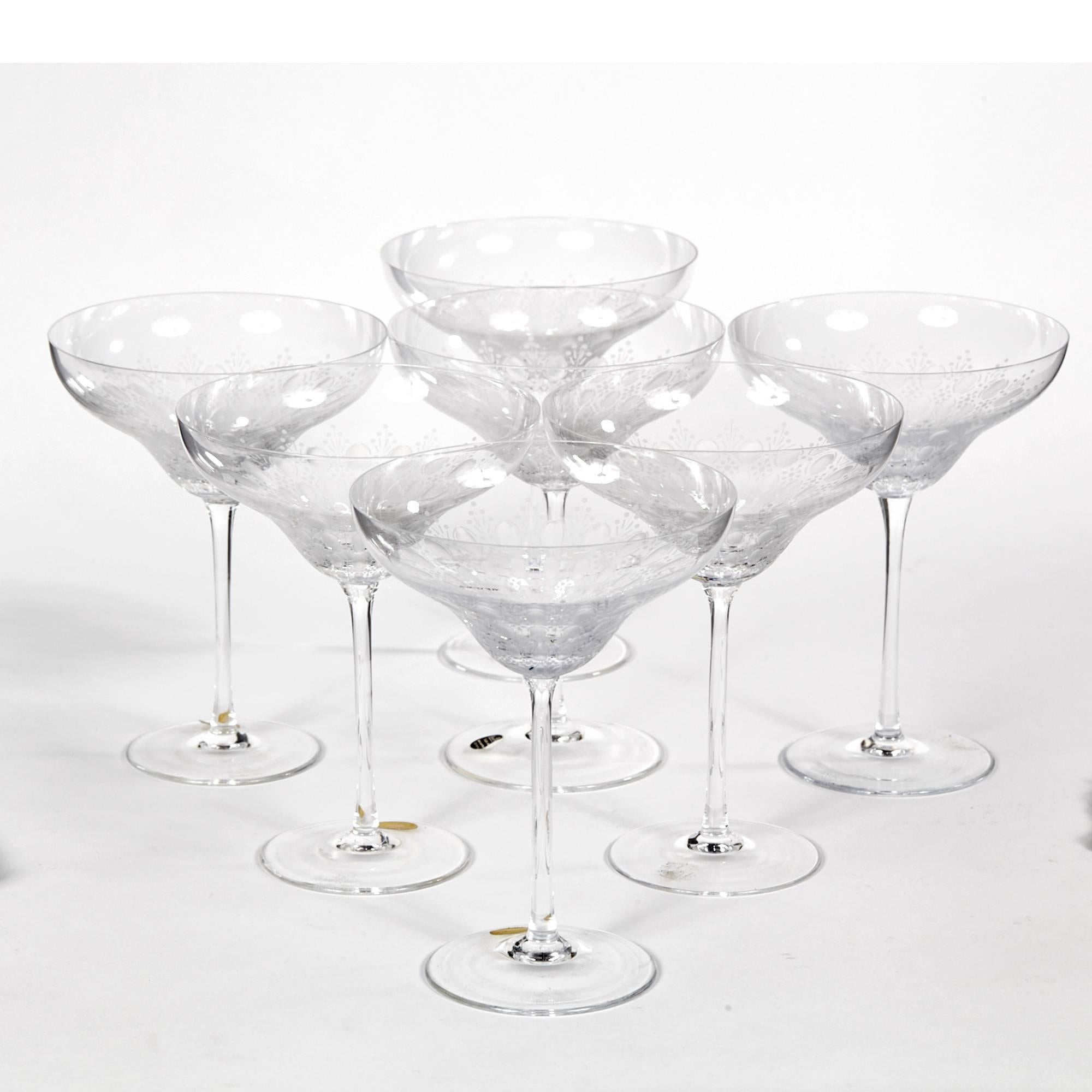 Vintage set of seven delicate glass coupes designed by Bjorn Wiinblad for Rosenthal Studio Line in the Romance II pattern, circa 1960s. Marked.