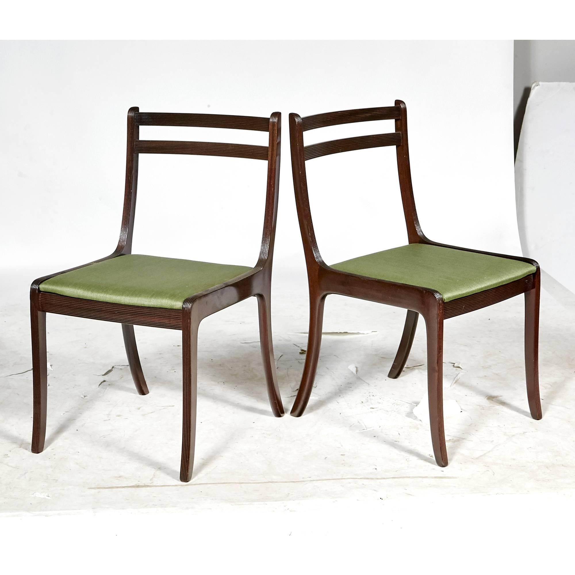 Vintage Scandinavian Modern mahogany wood set of six dining chairs by Ole Wanscher for Poul Jeppesen (PJ) of Denmark, circa 1960s. New green fabric on the seats. Marked underneath.