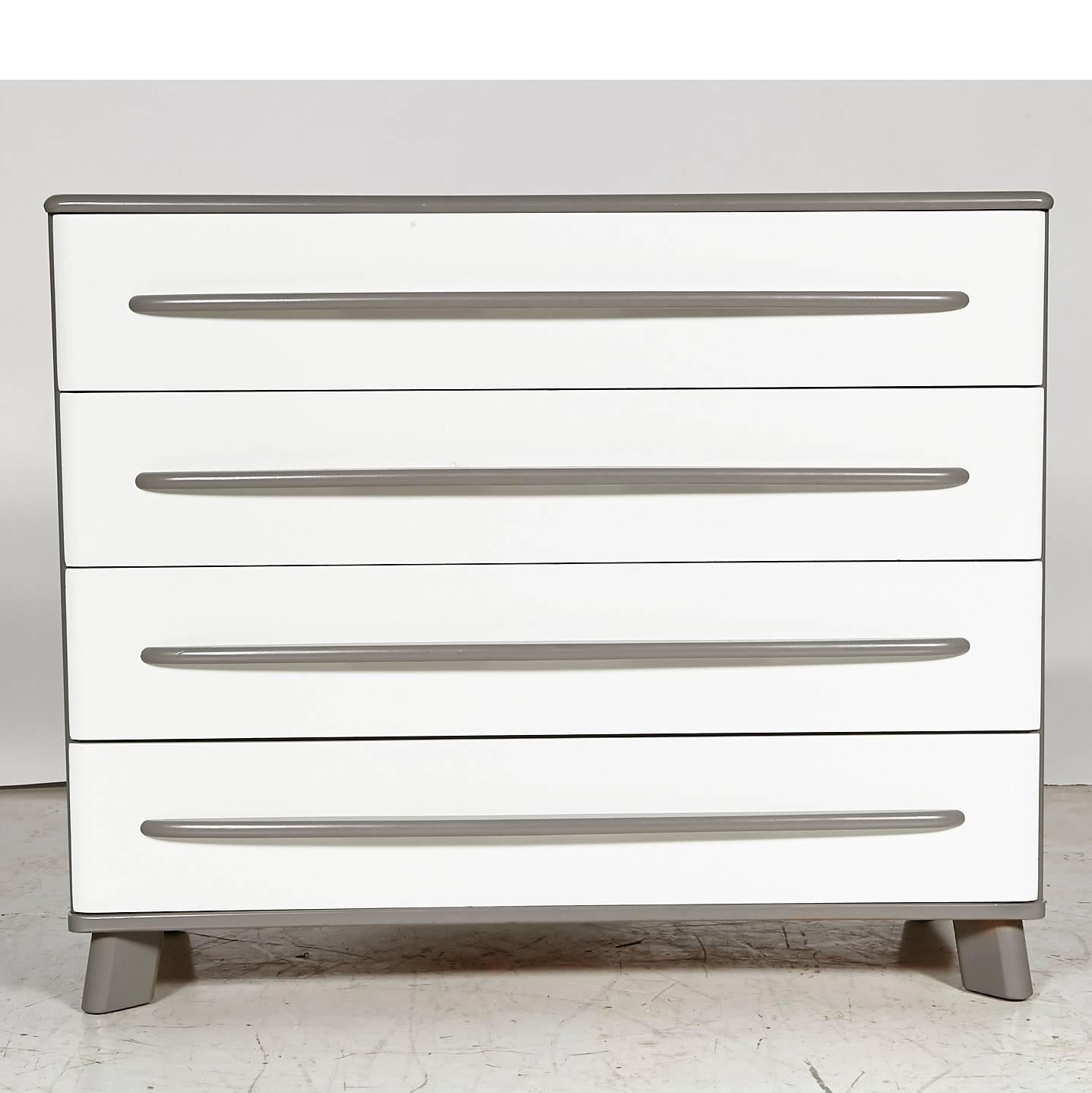 Vintage 1950s maple wood low dresser with four drawers newly rehabilitated in a grey and white lacquered finish. No maker's mark.