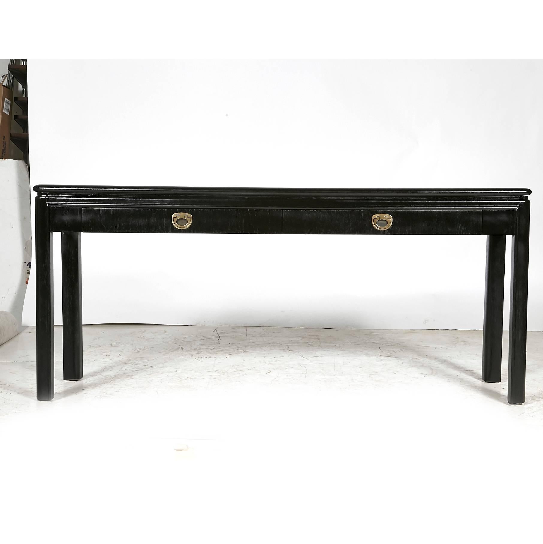 Drexel Furniture Co Passage ebonized hallway console table with two drawers. The table is newly rehabilitated. Marked.