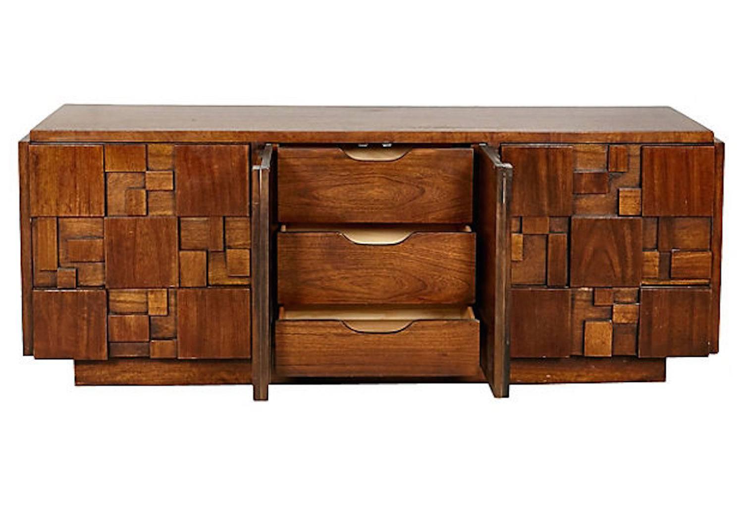 Brutalist style walnut wood nine-drawer dresser with two front panel doors manufactured by Lane Furniture Co from the 