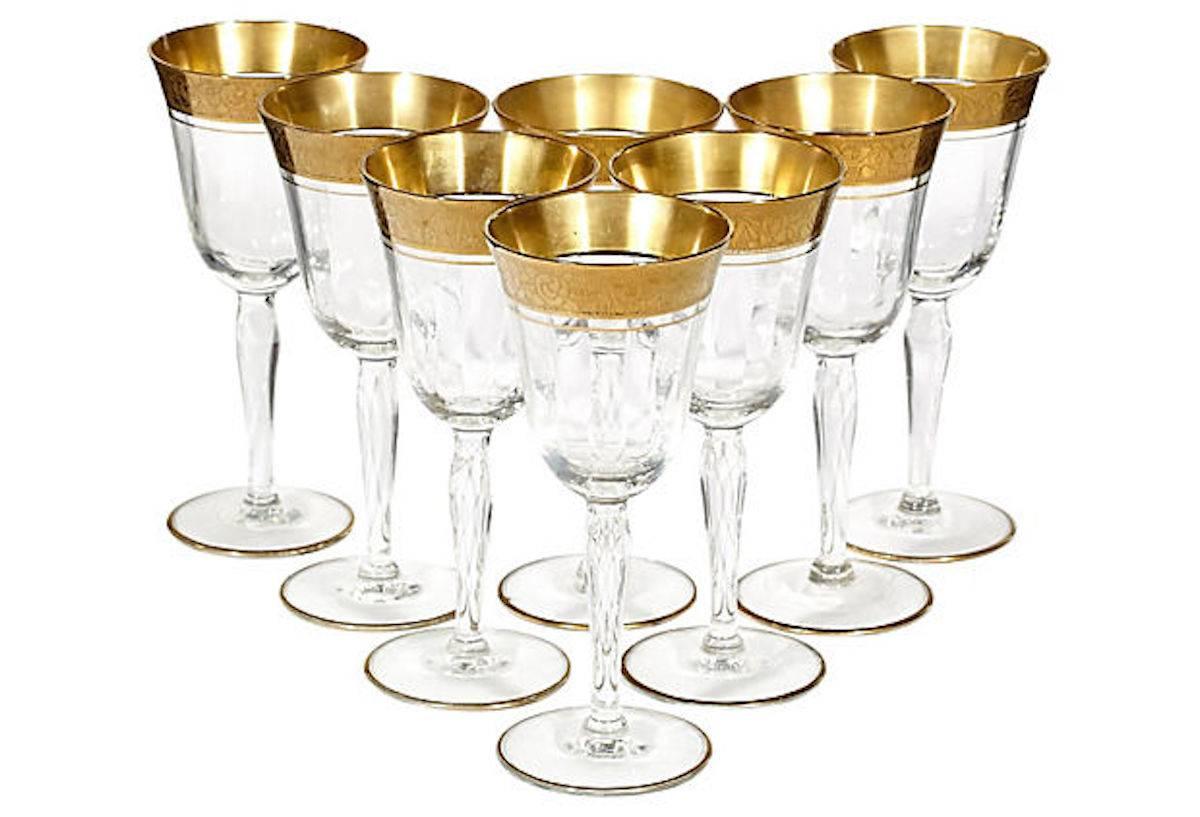 Set of eight gilded floral rim wine glasses, circa 1930s attributed to Tiffin Glass Co.