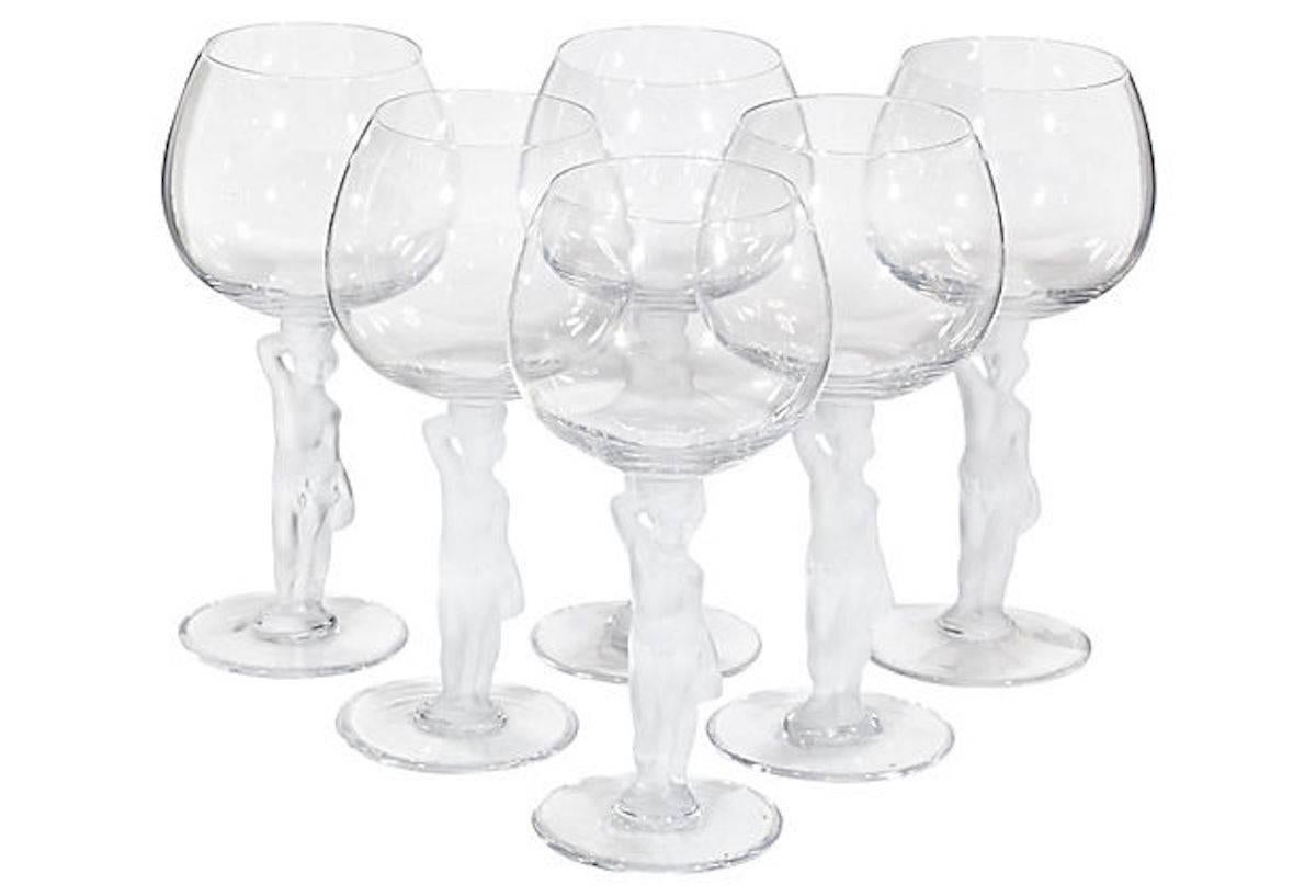 Art Deco set of six frosted cherub nude clear glass wine stems attributed to Cambridge Glass Co. Unmarked.