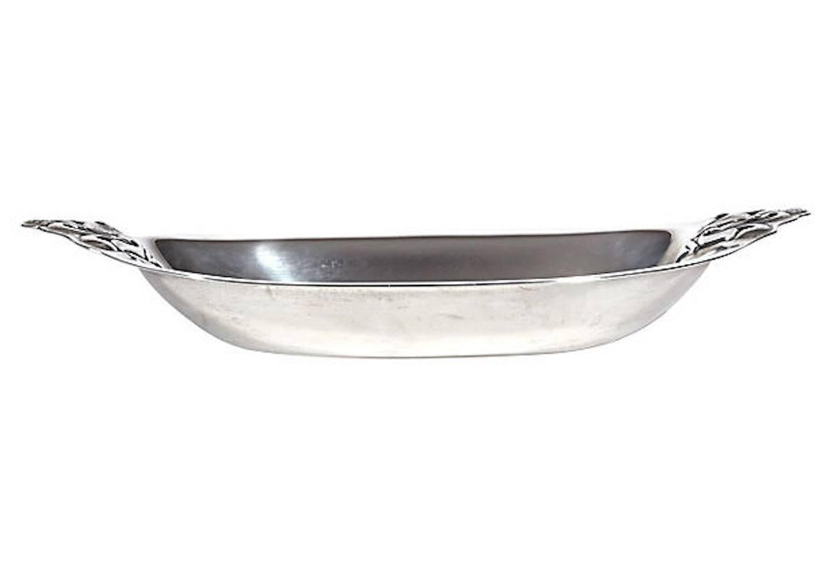 1940 sterling silver oval serving bowl with an acorn design in the Royal Danish pattern by International Silver Co. Marked: Royal Danish, Sterling.