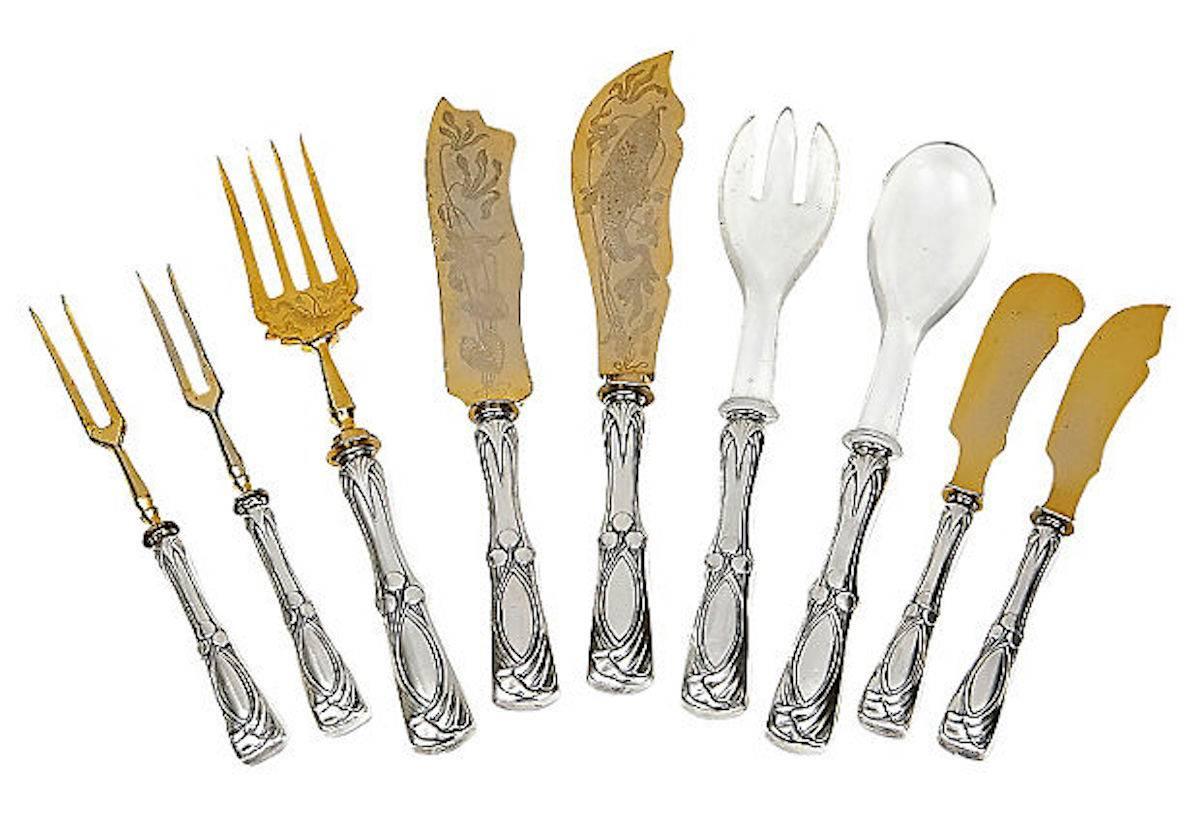 1950s set of nine Danish sterling silver and Lucite fish serving set with the original storage box. Large spoon and fork: 9.25" L x 1.25" W x .5" H, small forks (two): 7.5" L x .75" W x .25" H, carving knives (two):