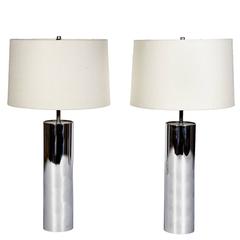 George Kovacs Chrome Cylindrical Table Lamps, Pair George Kovacs Chrome Cylindrical Table Lamps, Pair