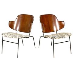 Pair of Rare Ib Kofod-Larsen Extended Leg Shell Chairs and Ottoman