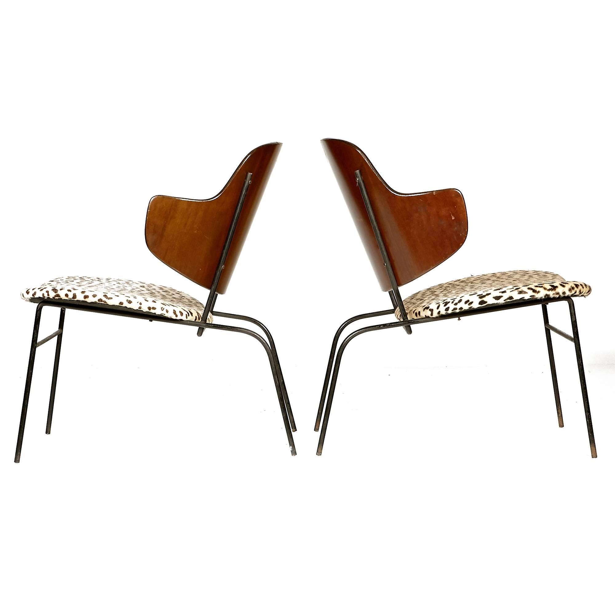 Danish Pair of Rare Ib Kofod-Larsen Extended Leg Shell Chairs and Ottoman