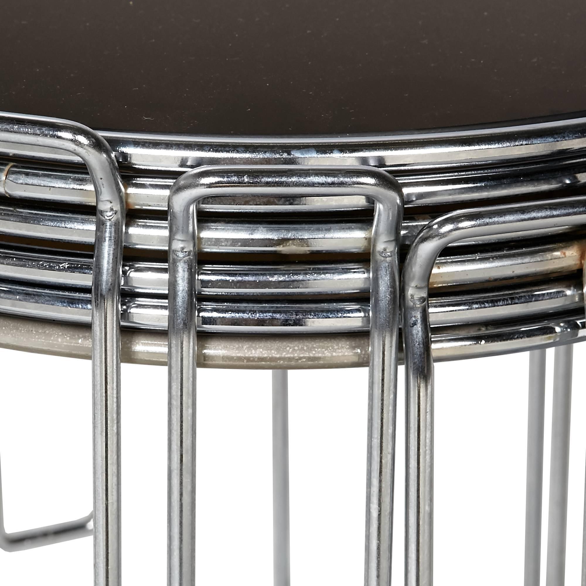 Italian Set of Six Chrome and Smoked Glass Stacking Tables Attributed to Saporiti For Sale