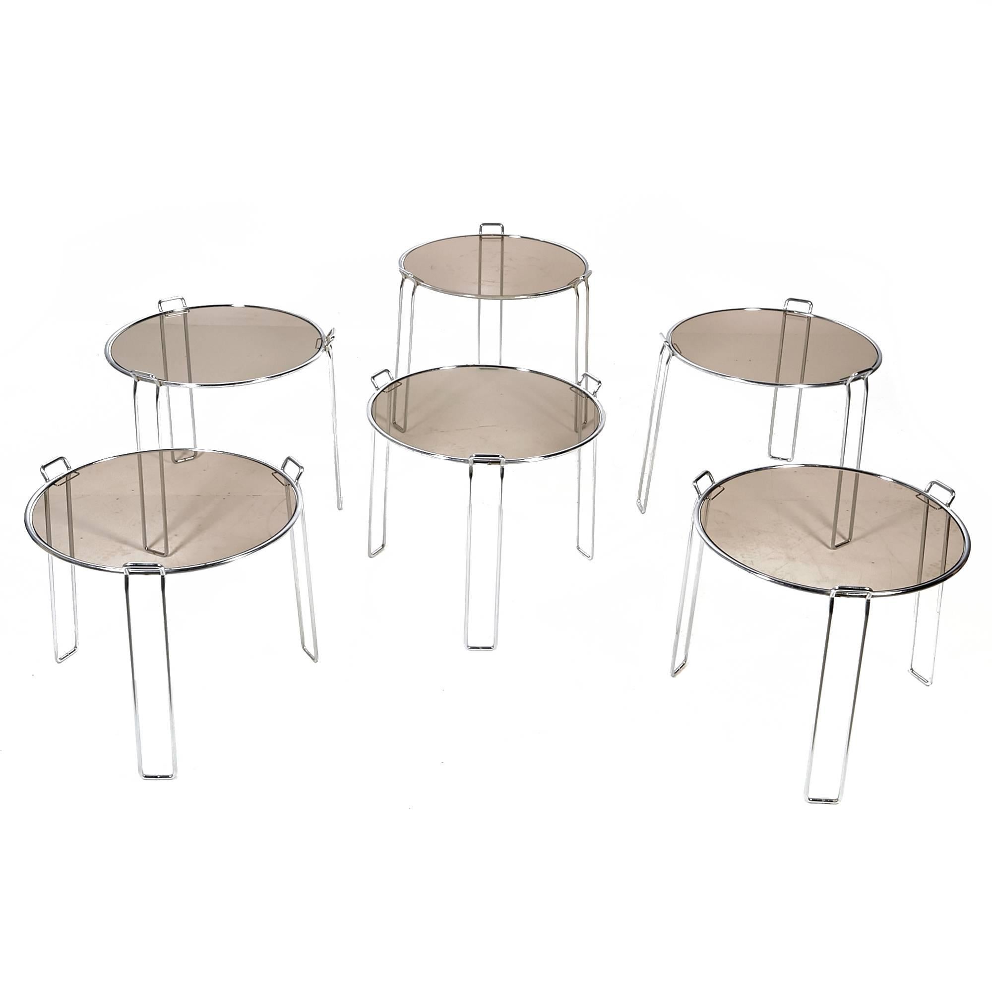 Set of Six Chrome and Smoked Glass Stacking Tables Attributed to Saporiti In Excellent Condition For Sale In Amherst, NH
