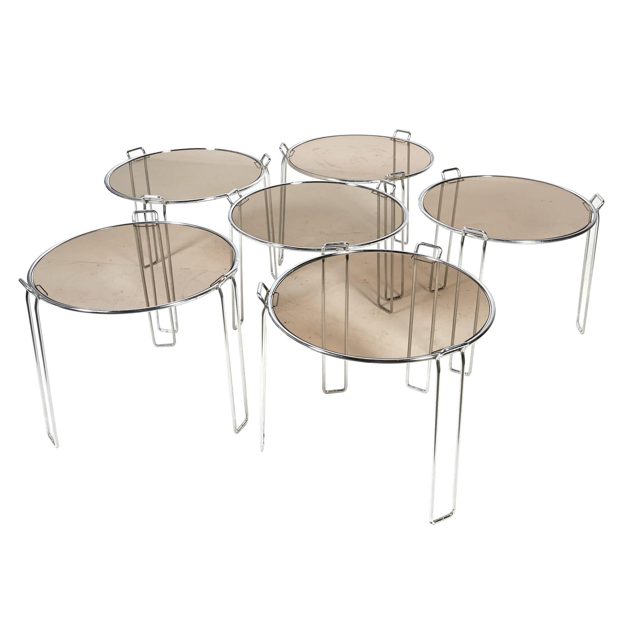 20th Century Set of Six Chrome and Smoked Glass Stacking Tables Attributed to Saporiti For Sale