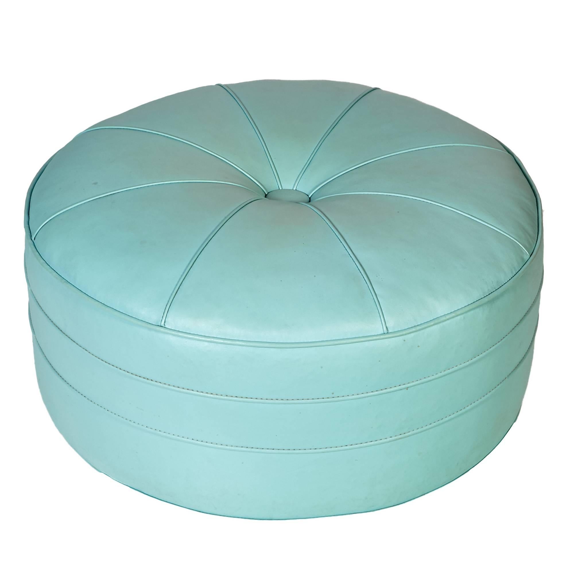 1960s oversized round turquoise Naugahyde tufted pouf/ottoman. Excellent condition. Unmarked.