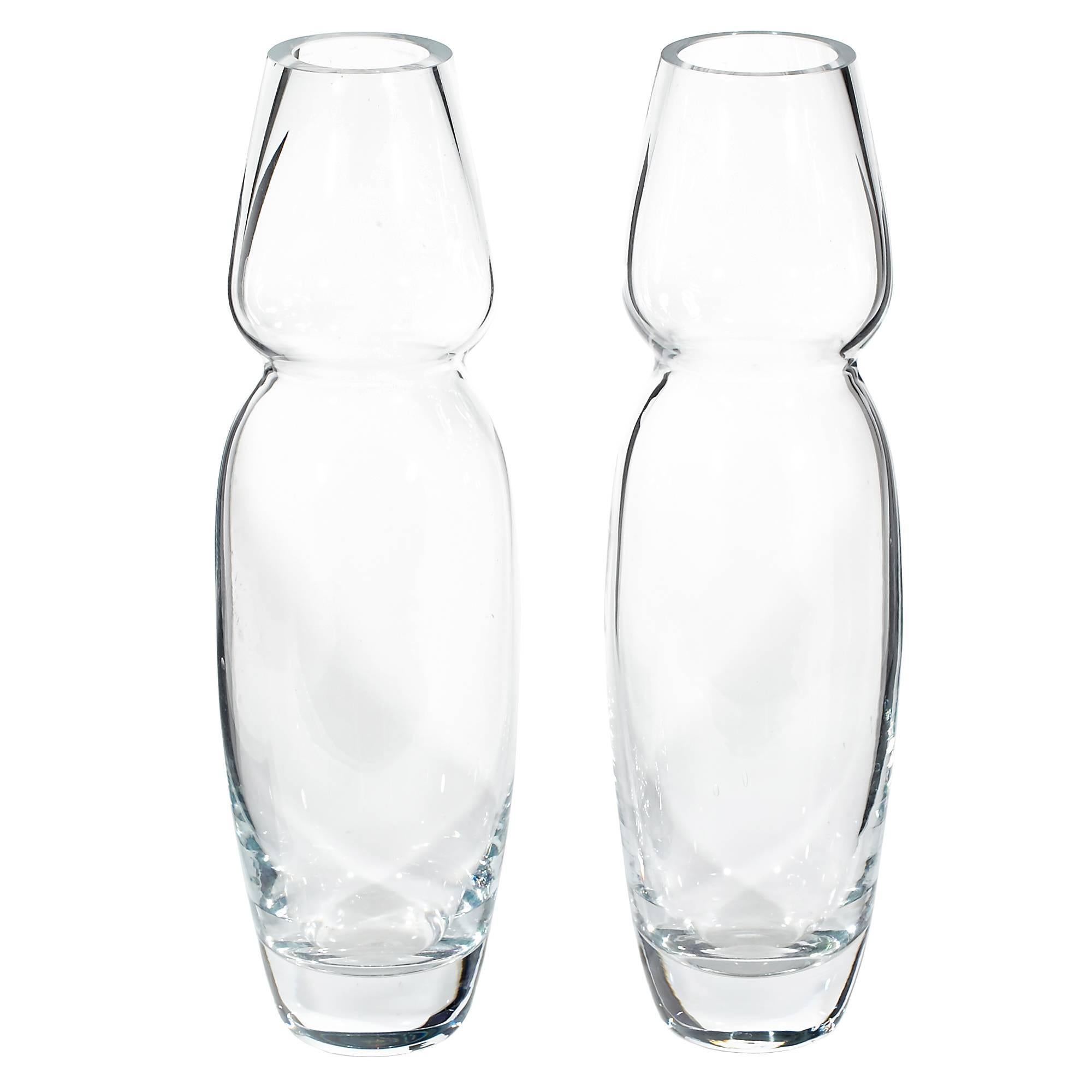 Pair of handblown tall ovoid shaped glass vases for Marquis by Waterford Glass Co. Marked.