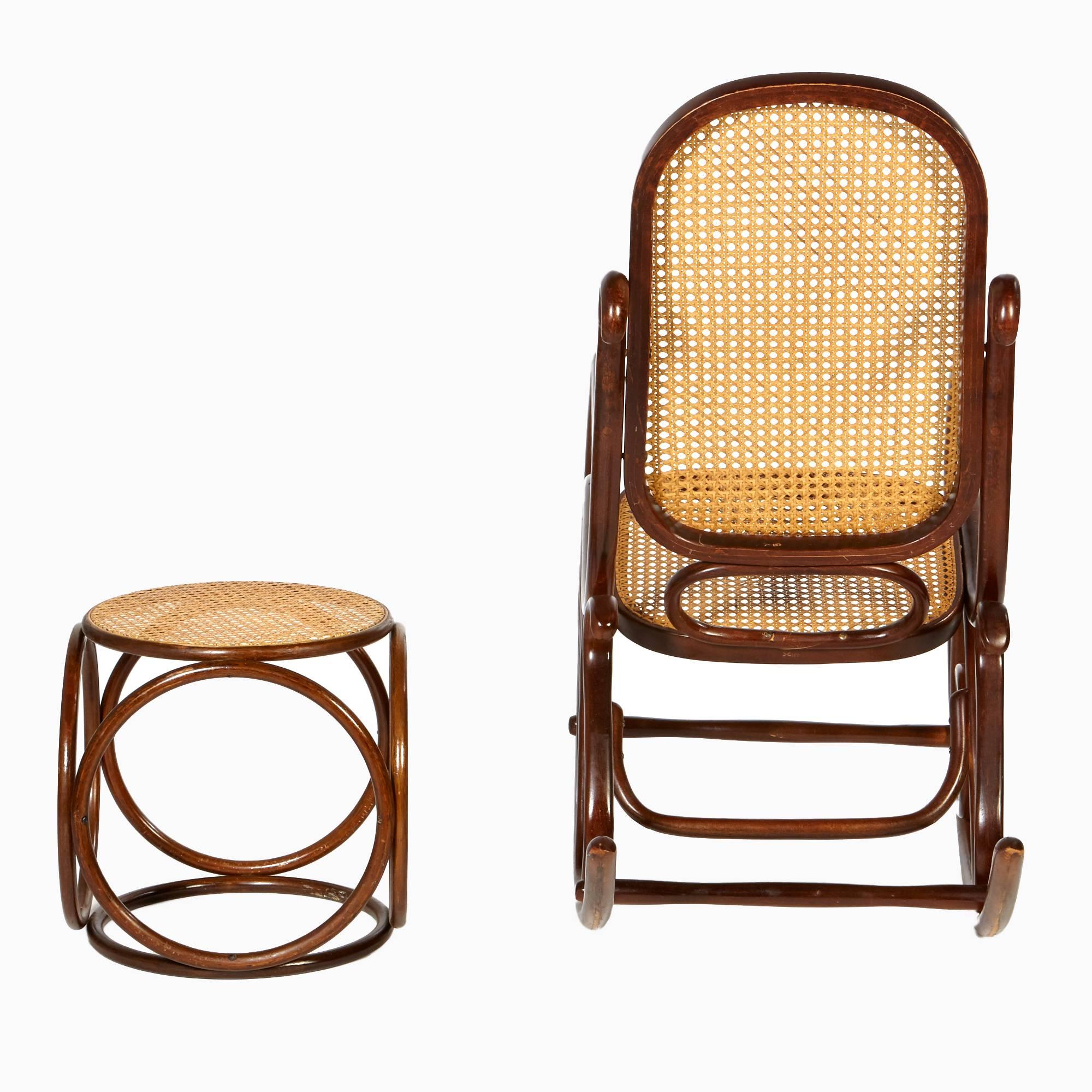 American Mid-20th Century Thonet-Style Rocking Chair and Ottoman