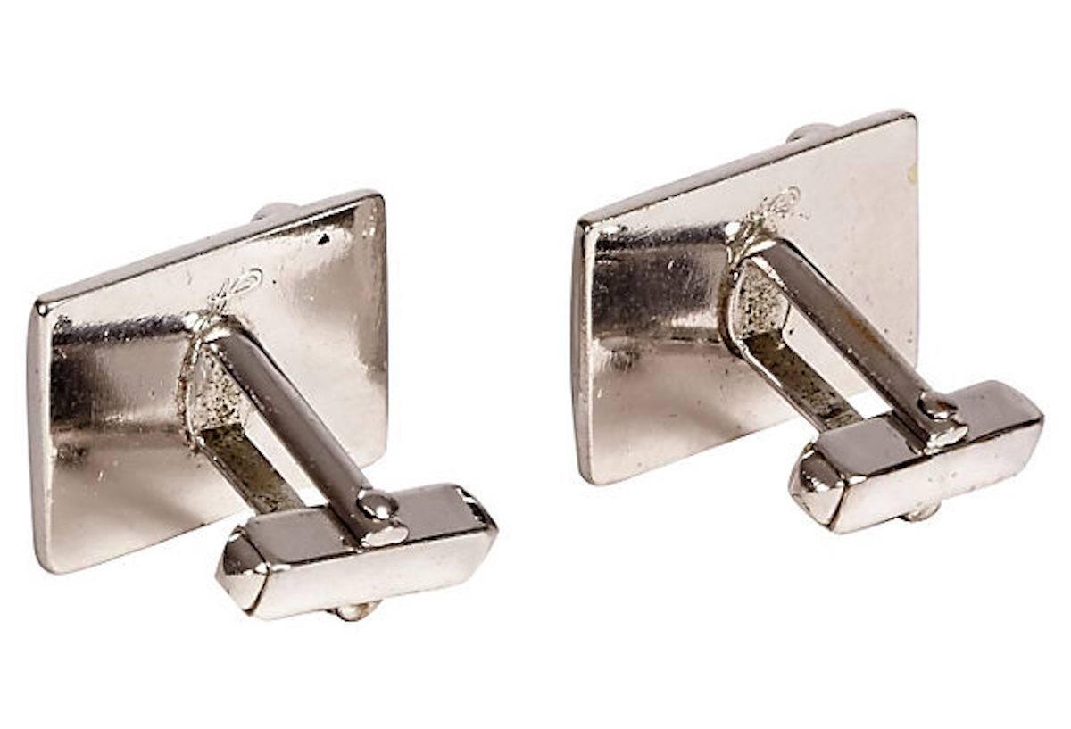 Mid-Century Modern Pair of 1960s Silvertone Rectangular Cuff Links For Sale