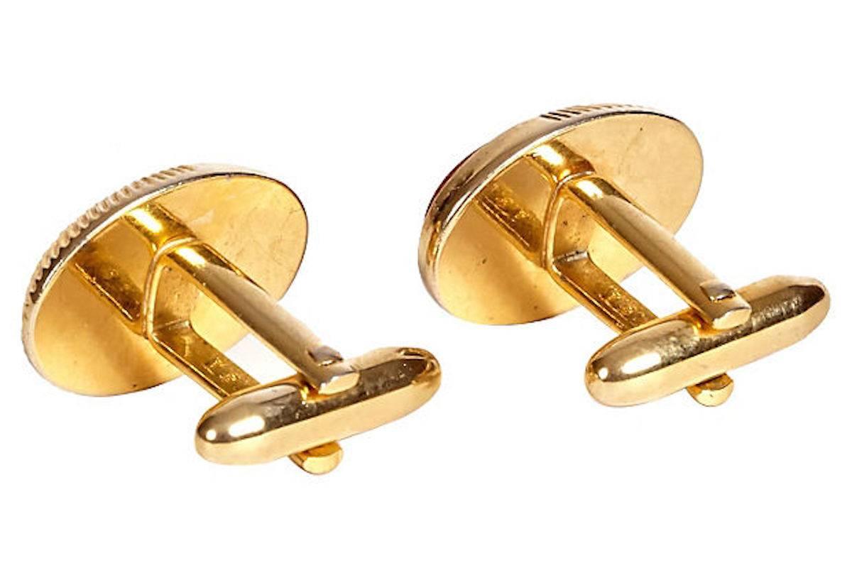 Mid-Century Modern 1960s Mens Gilt and Red Cuff Links, Pair