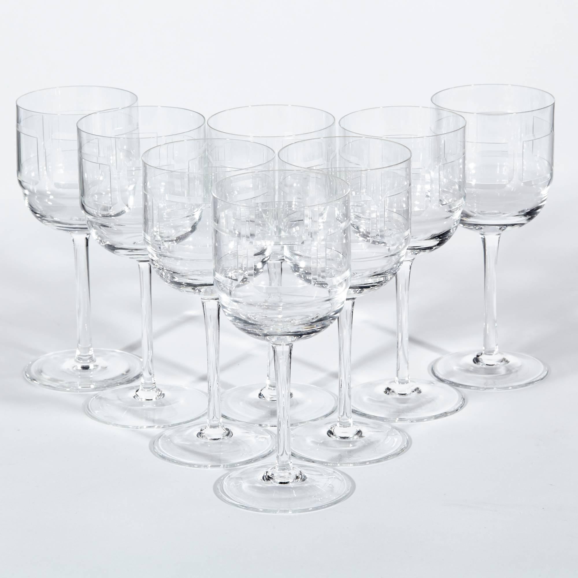 Vintage 1960s set of eight Rosenthal Studio-Line glass wine stems in the squares pattern. Marked.