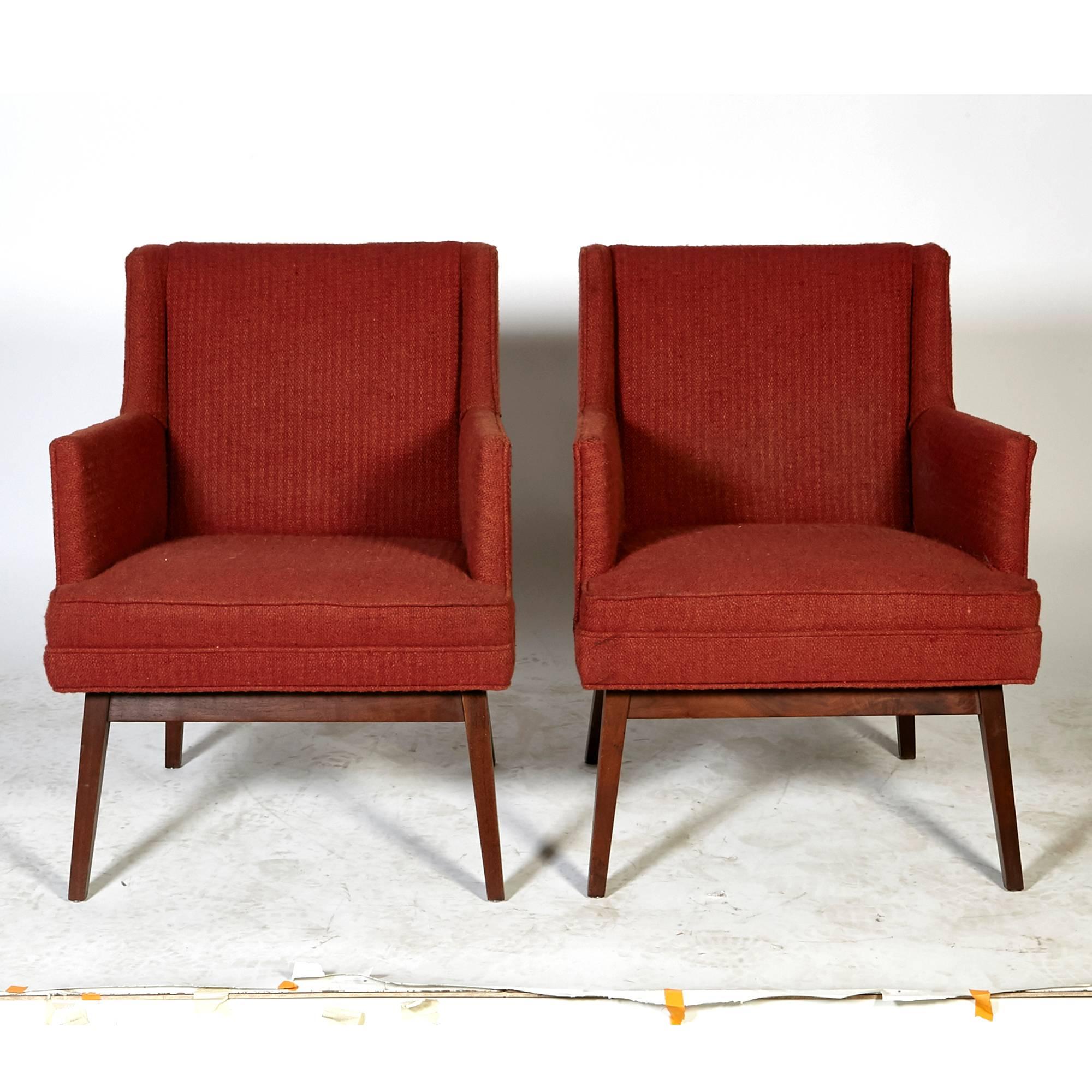 Mid-Century Modern Jens Risom-Style Walnut Frame Lounge Chairs, Pair For Sale