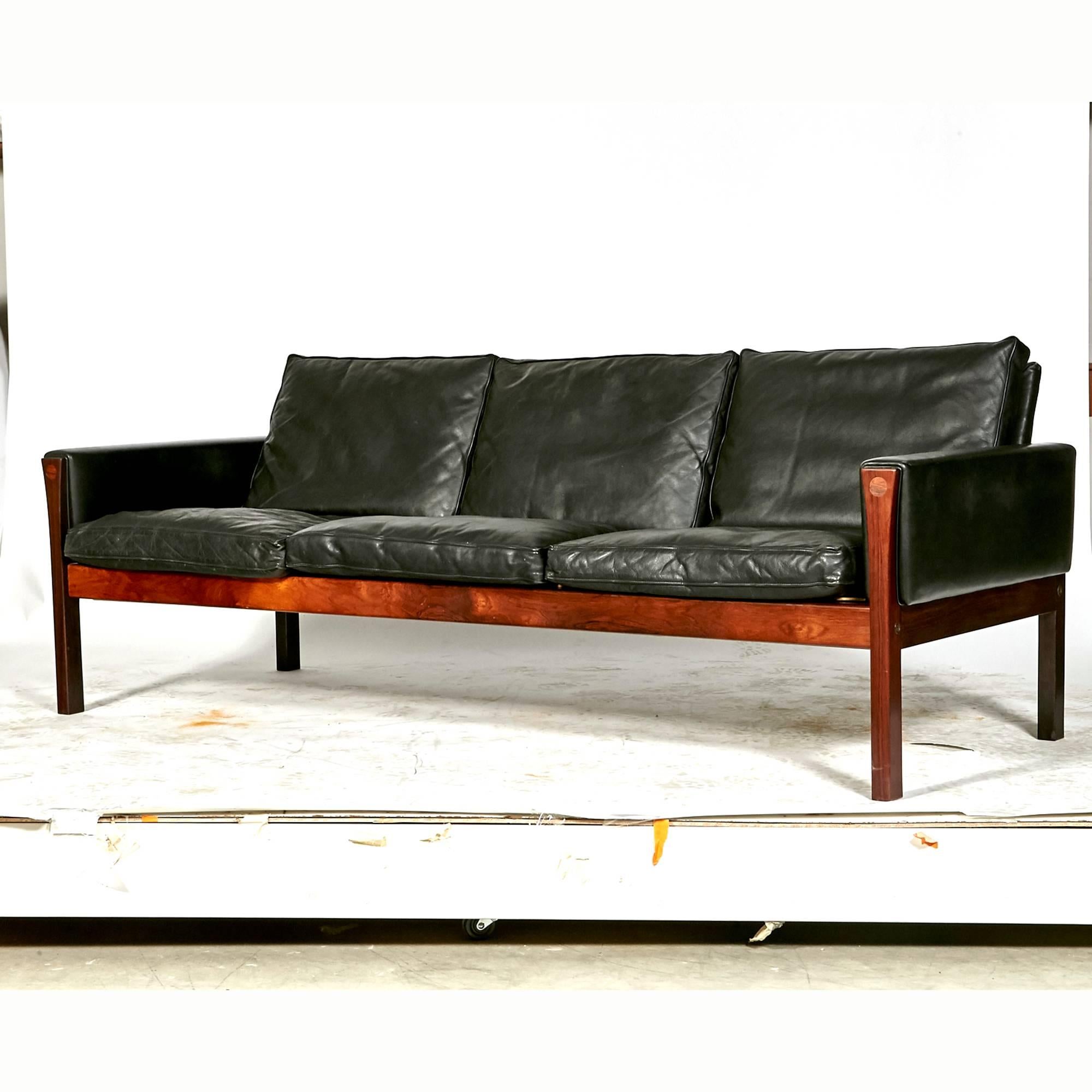 Scandinavian Modern Hans J. Wegner Rosewood and Black Leather Sofa, Denmark