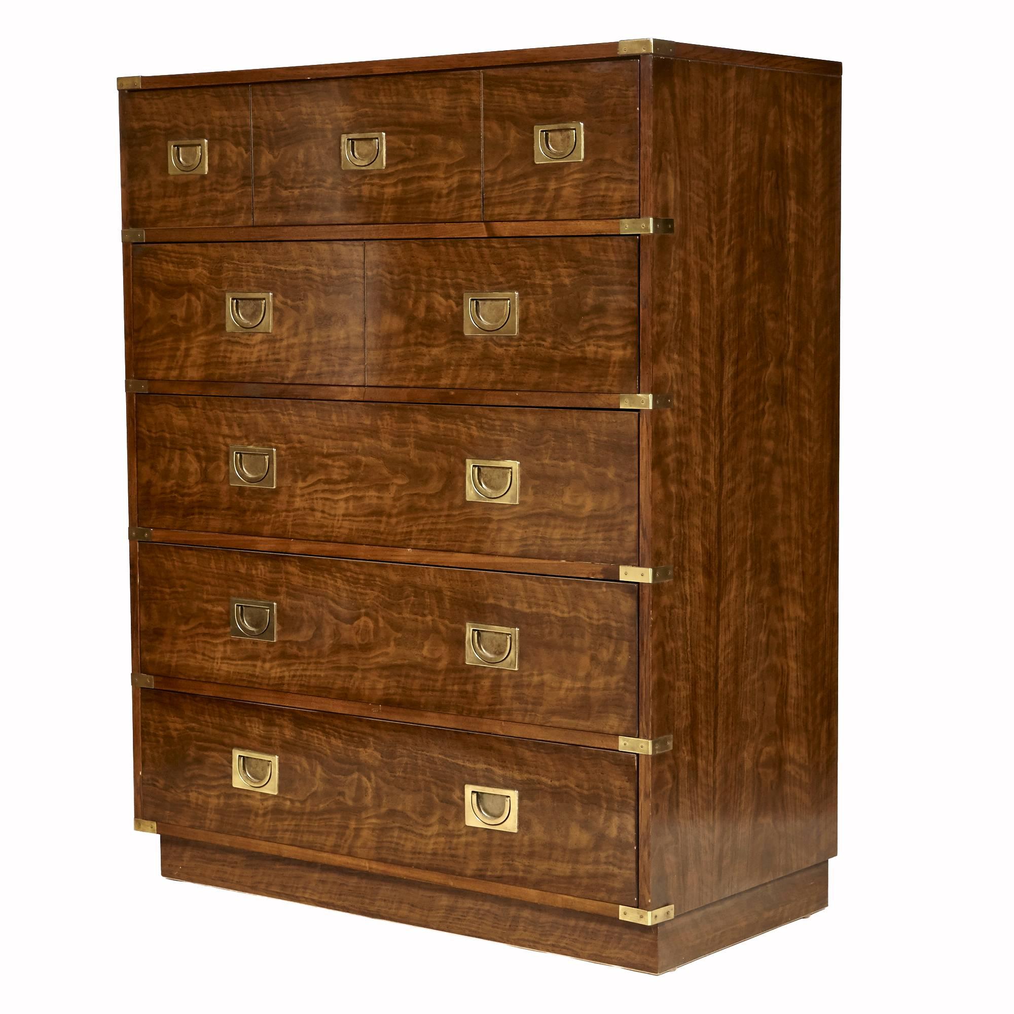 Vintage Drexel Furniture Co tall Campaign-style high boy five-drawer dresser with brass accents and pulls from the 