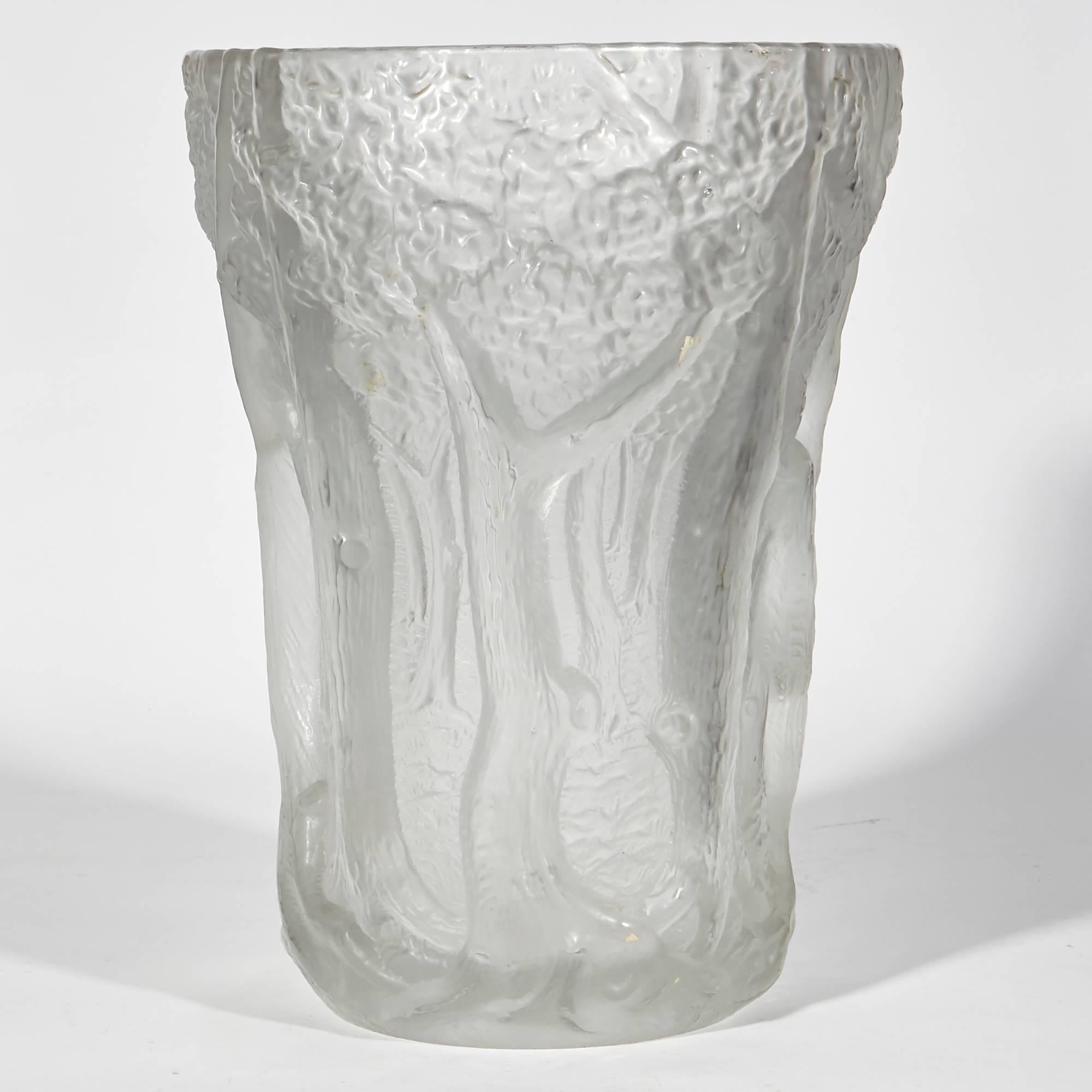 1930s Czechoslovakian handblown Josef Inwald Art Deco frosted glass Barolac forest vase. Barolac was a line of frosted wares made by Inwald for retailer John Jenkins & Son of London. Unmarked.