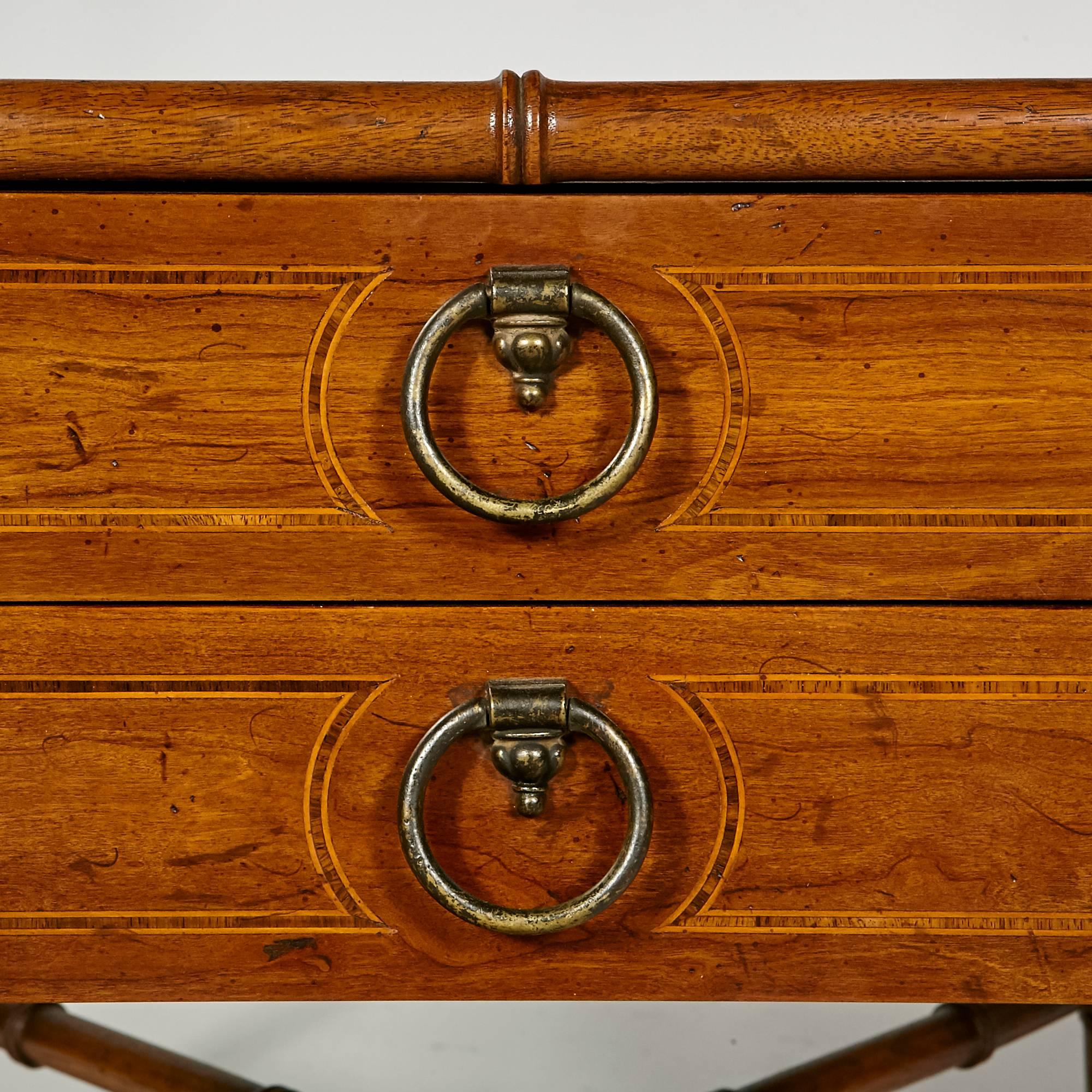 Vintage Drexel heritage pair of grand tour faux bamboo and burl wood side tables each with two drawers. The drawers have an inlaid accent around the pulls and the bases have an X-form design. Marked in the drawer.