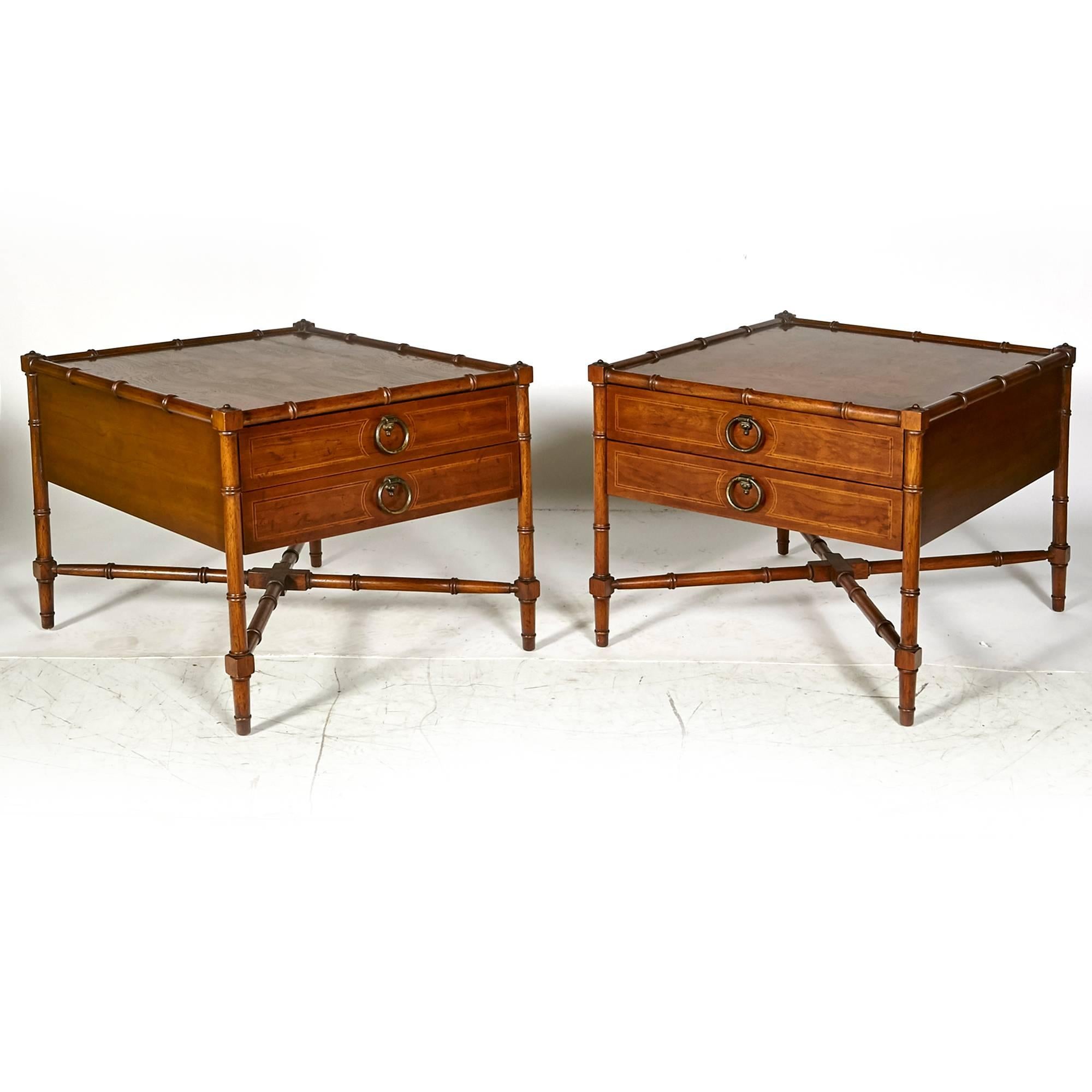 20th Century Drexel Heritage Grand Tour Faux Bamboo Side Tables, Pair