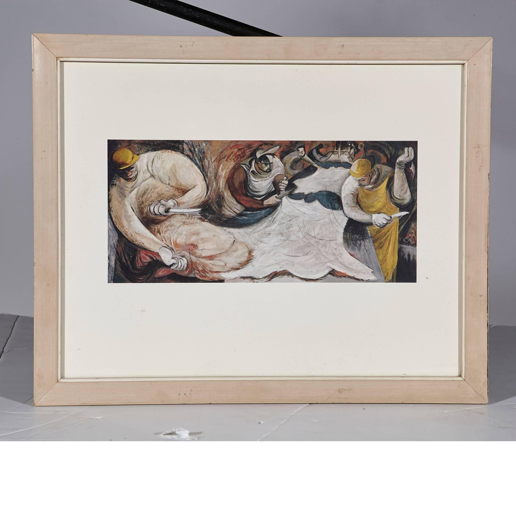 Artist Franklin Boggs leather tannery series of eight prints dated 1958. The series depicts different stages in the tannery process starting with removing the hide from the animal to the dying and drying stage. All the colors are bright and well