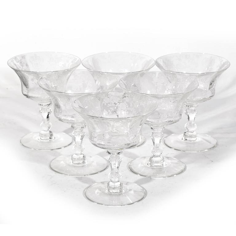 vintage cambridge glass co set of six coupe stems in the rosepoint pattern excellent condition - Cambridge Glass vintage cambridge glass co set of six coupe stems in the rosepoint pattern excellent condition - Cambridge Glass