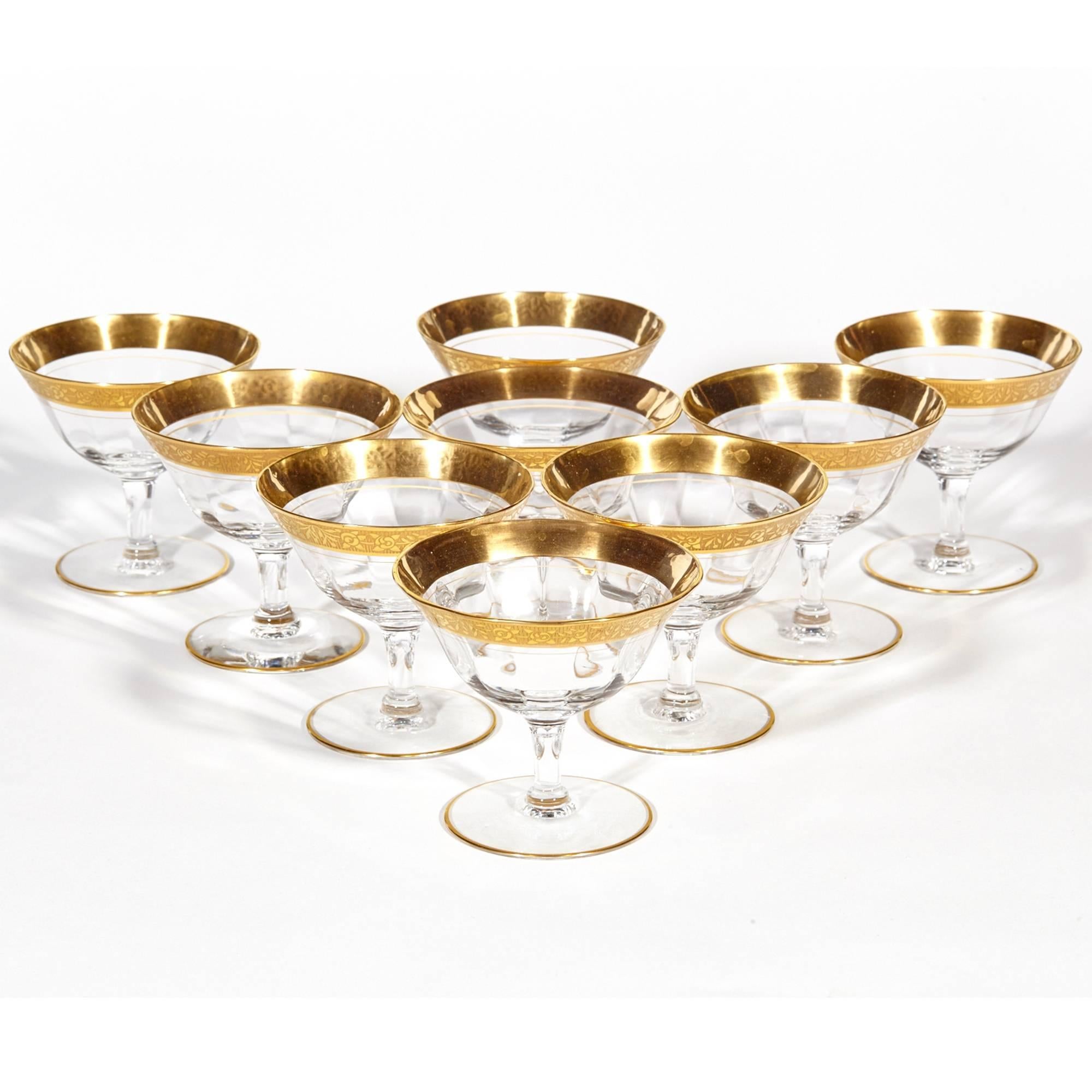 Set of nine Art Deco Tiffin Glass Co elegant floral gold rim short coupe stems.
