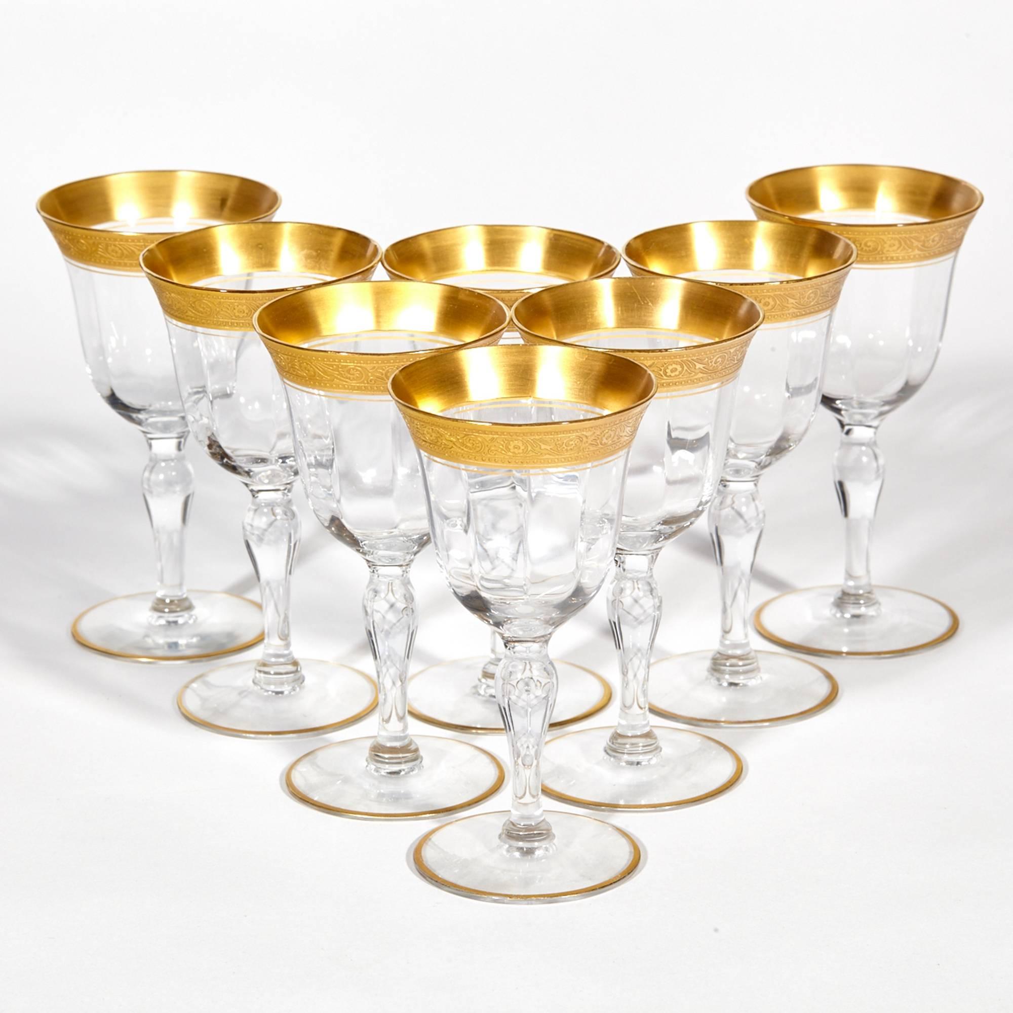 Art Deco Tiffin Glass Co set of eight elegant floral designed gold rim wine stems.