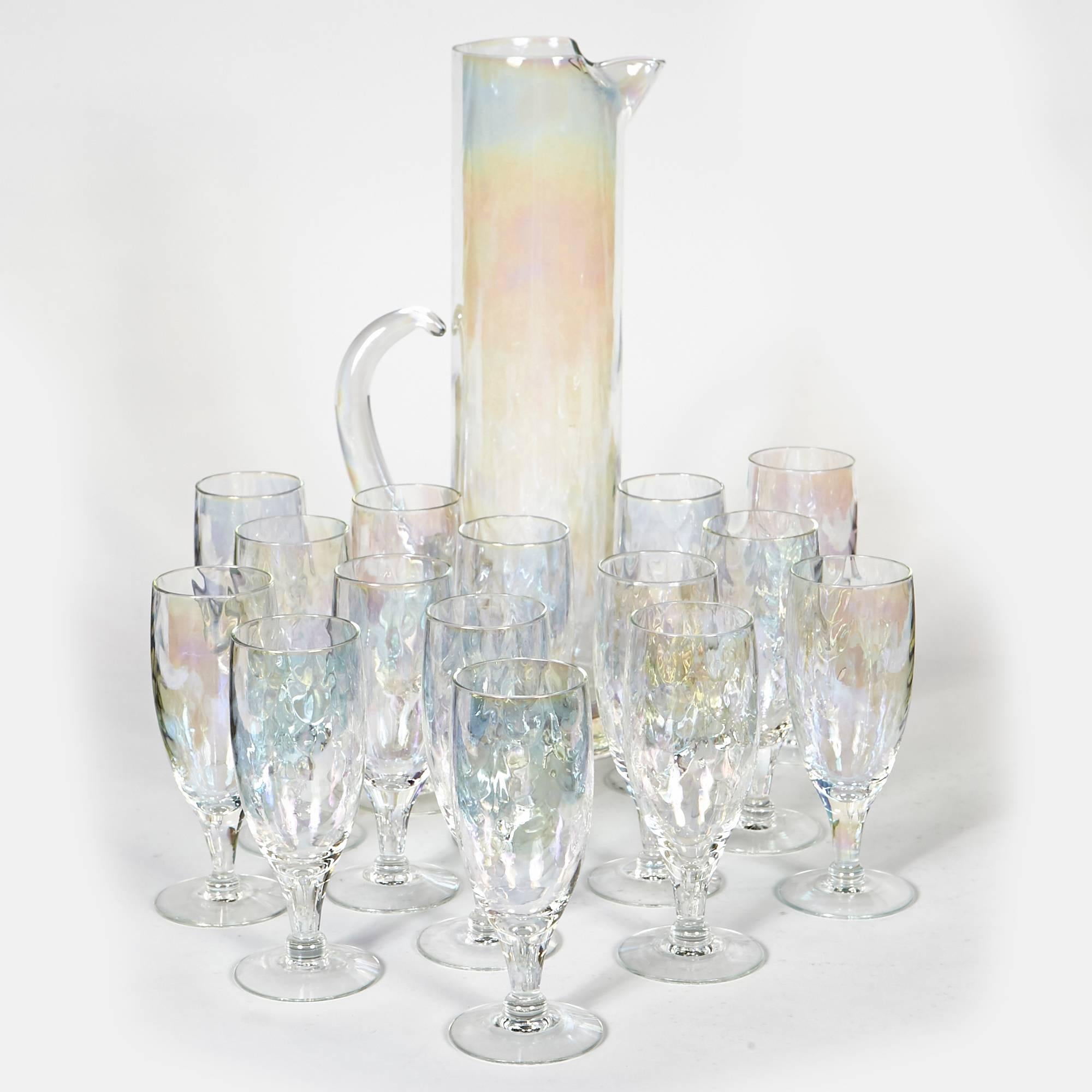 Mid-Century Modern 1950s Iridescent Glass Beverage Entertainment Set of 32 Pieces For Sale
