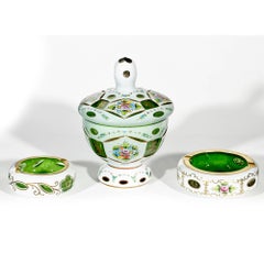 Bohemian Green and White Overlay Smoking Set with Floral Enamel Decoration