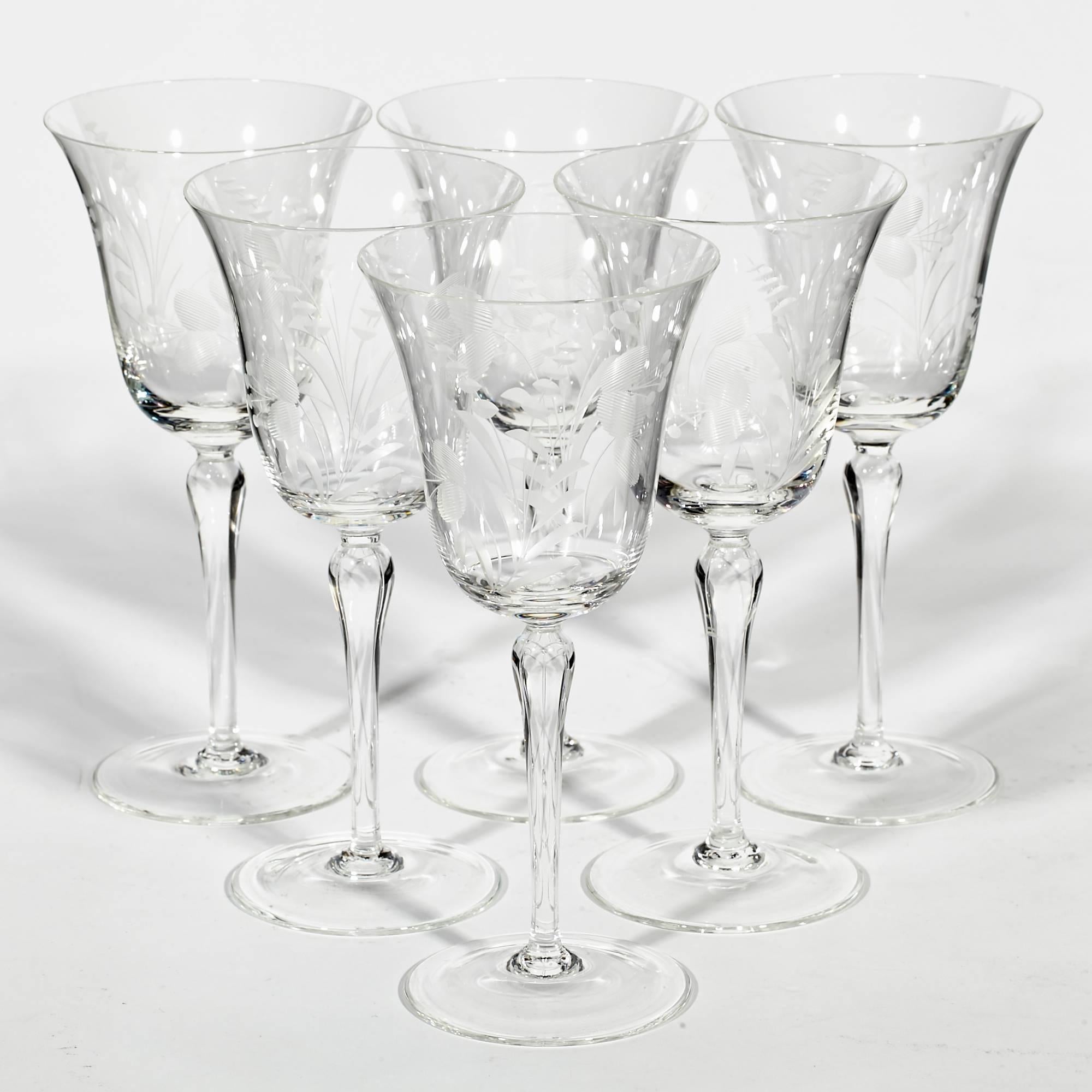 Vintage 1950s set of six floral etched and cut-glass tall wine stems.