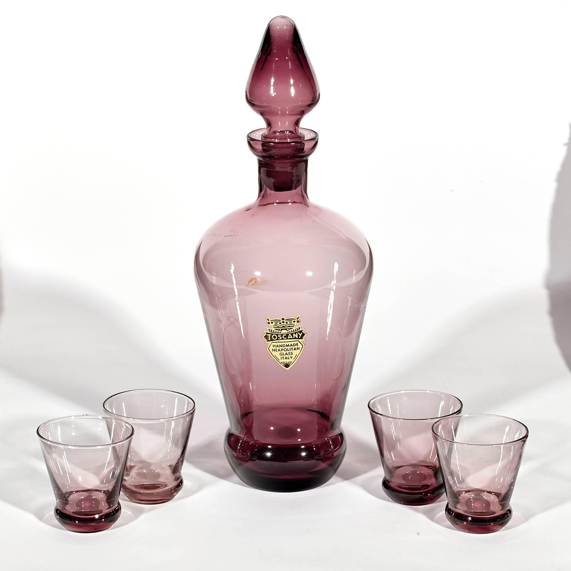Vintage 1960s five-piece Italian amethyst glass decanter set from Toscany, Italy. Shot glasses measure: 2