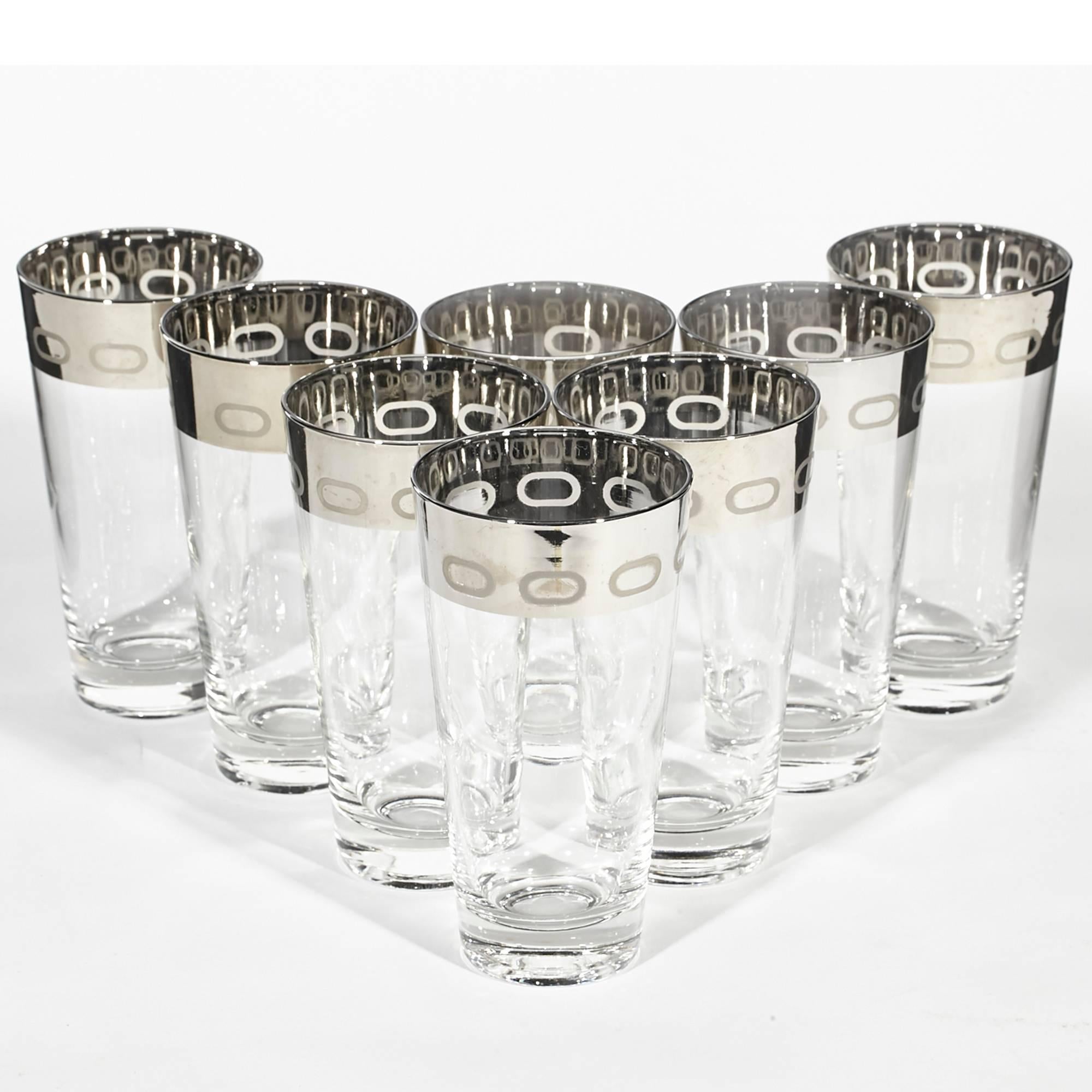 Mid-Century Modern 1960s Silver-Rim Tall Glass Tumblers, Set of Eight