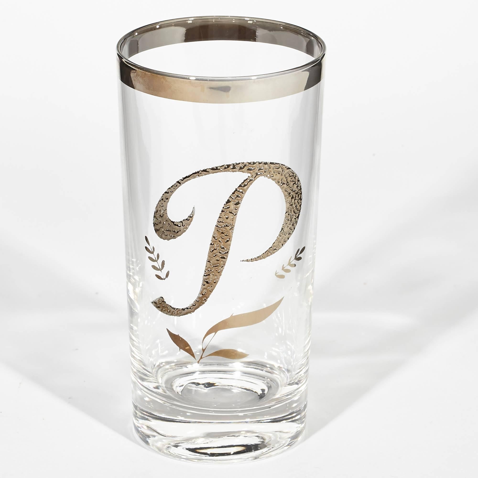 American 1960s Textured Letter Monogrammed Glass Tumblers, Set of Eight