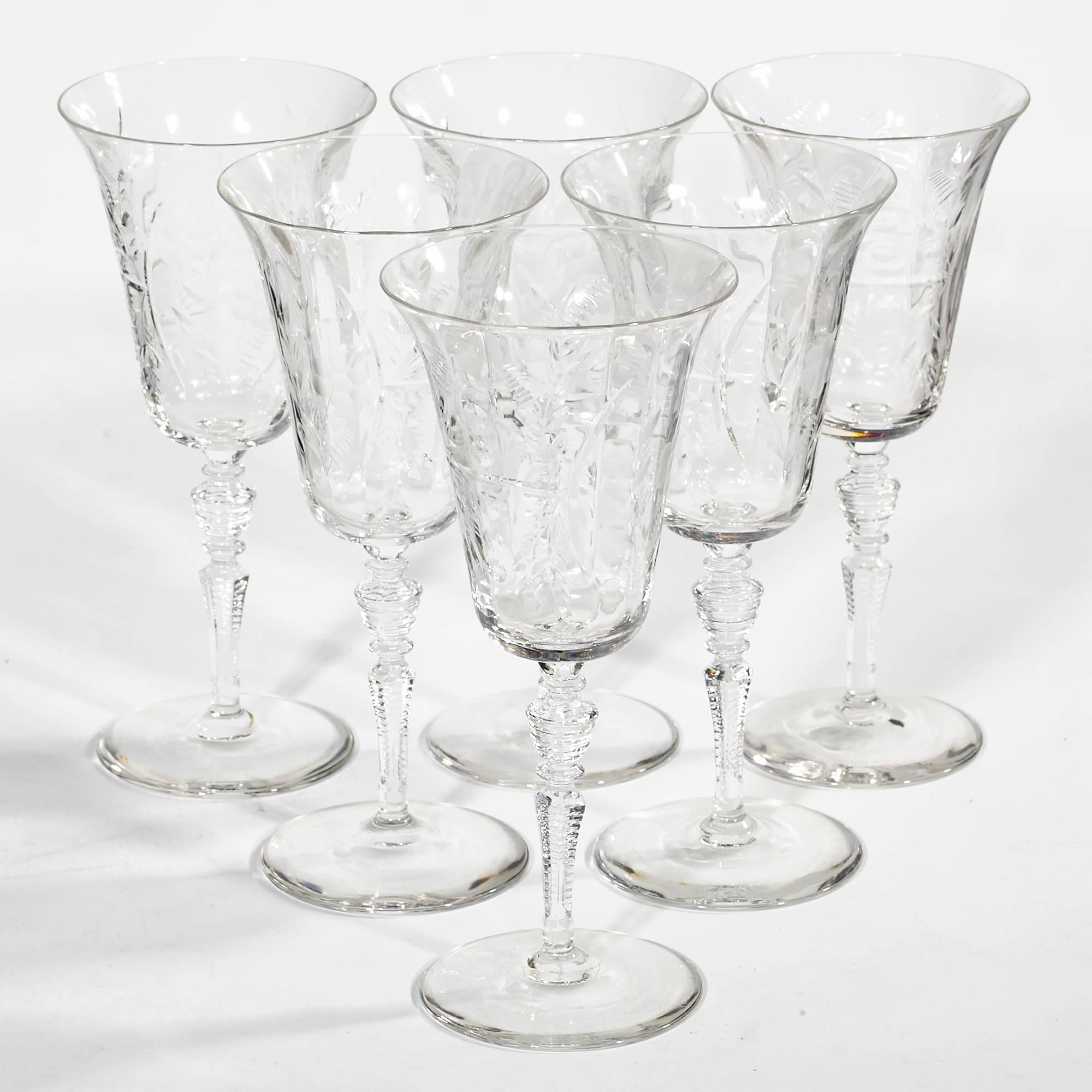 Vintage mid-20th century set of six floral wheel cut tall wine glass stems, circa 1950s. Unmarked.