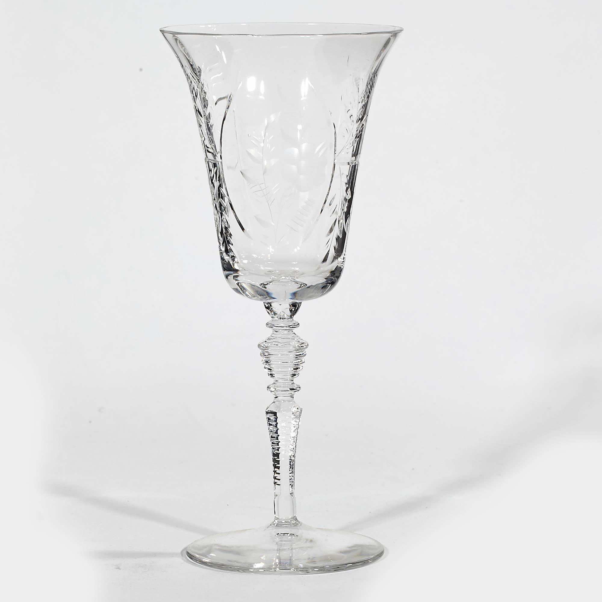 American Floral Wheel-Cut Tall Wine Glass Stems, 1950s For Sale