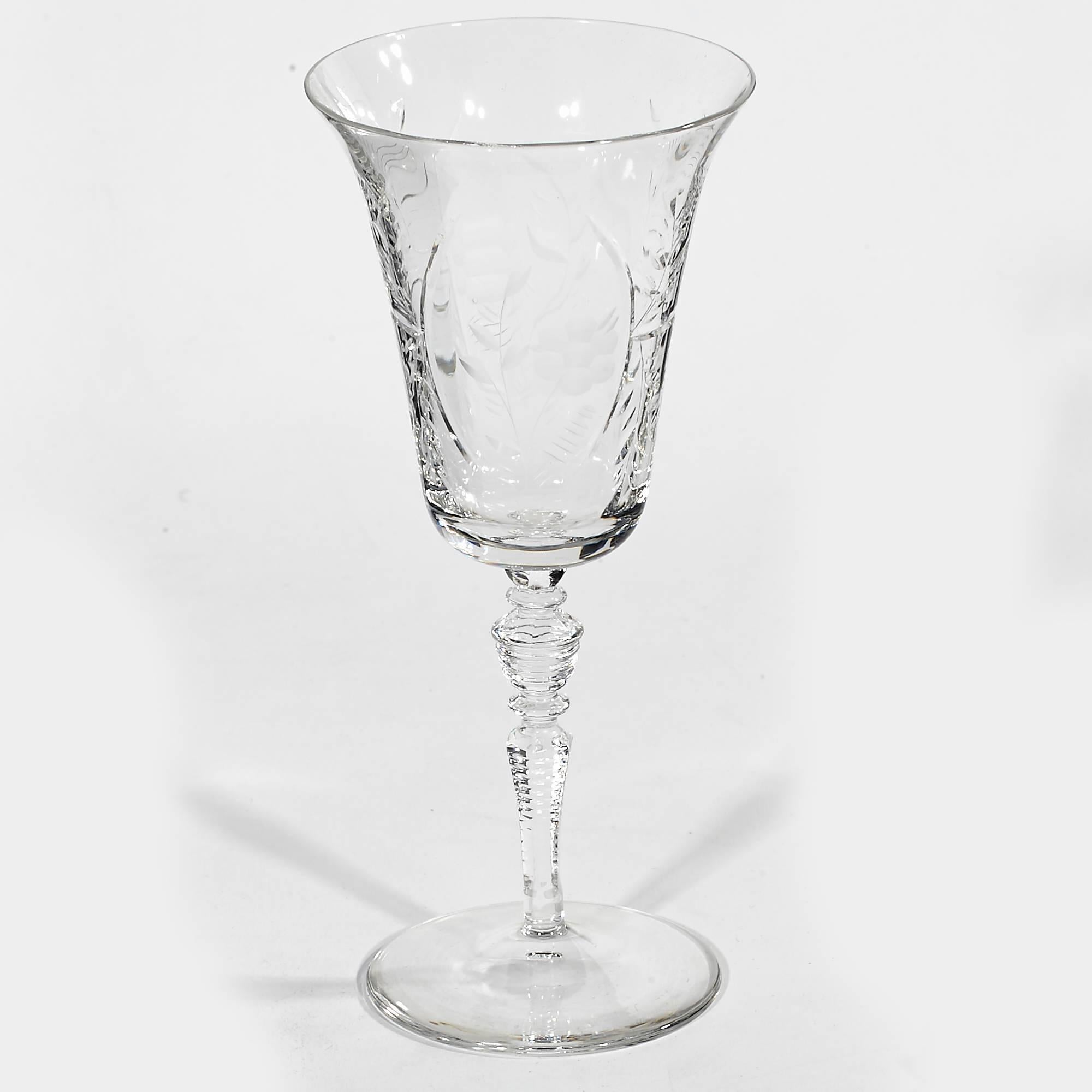 Hollywood Regency Floral Wheel-Cut Tall Wine Glass Stems, 1950s For Sale